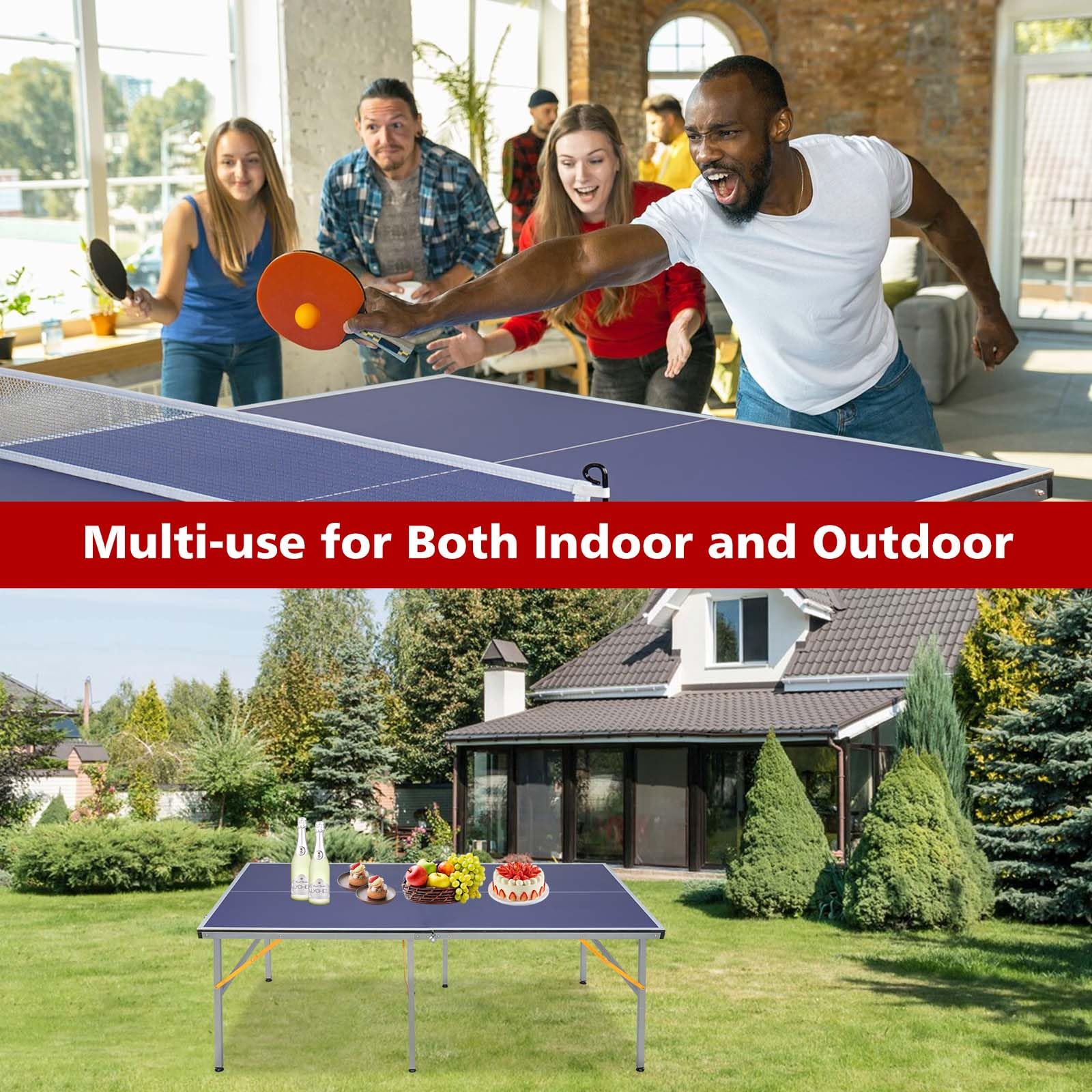 6ft Foldable Portable Mid-Size Ping Pong Table Set with 2 Paddles & 3 Balls - Indoor Outdoor Table Tennis for Home, Office, Backyard, and Party Games