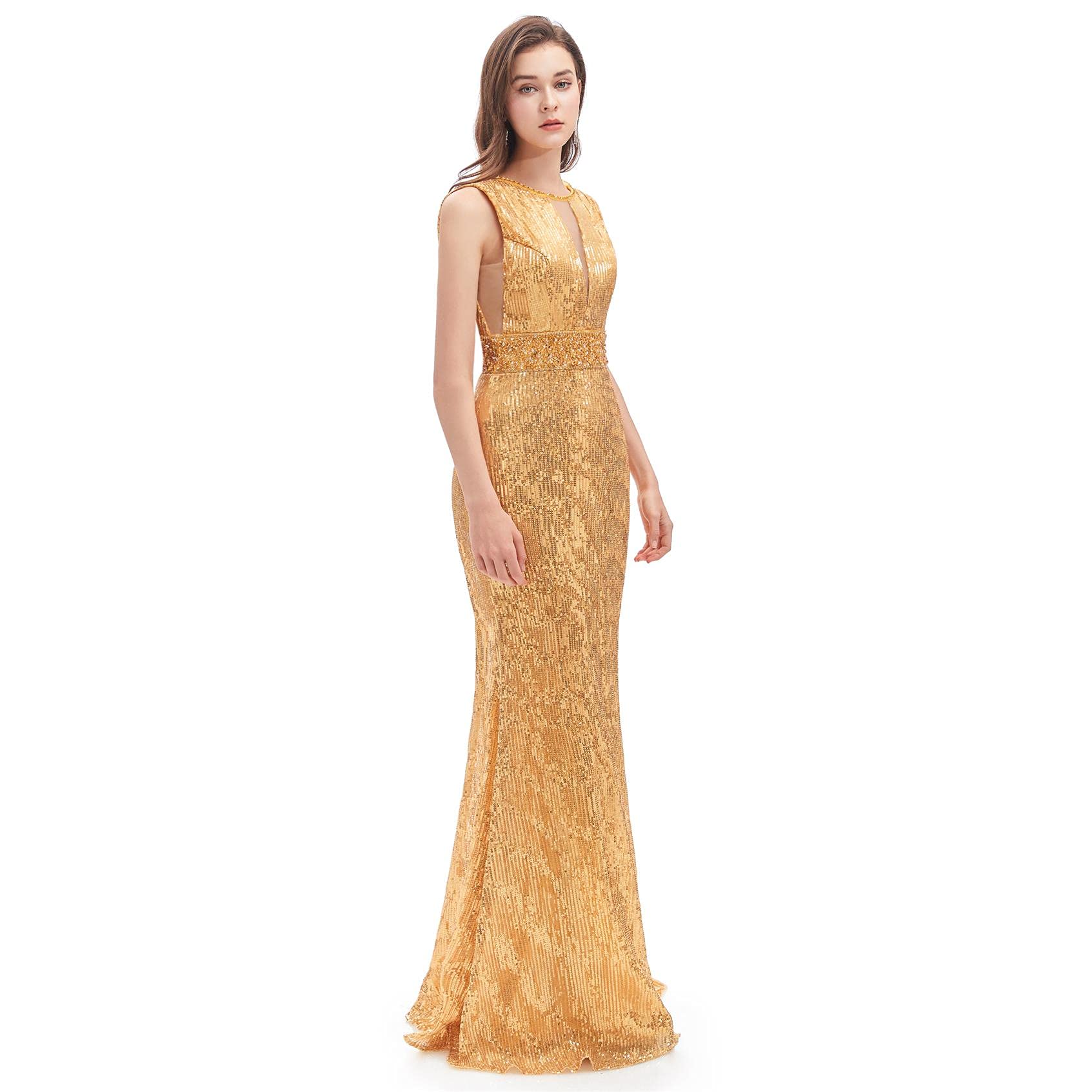 FCOMES Women's Sparkly Sequin Mermaid Evening Gown for Formal Party, Homecoming, Prom & Celebrity Events - Sleeveless Long Backless Dress for Special Occasions