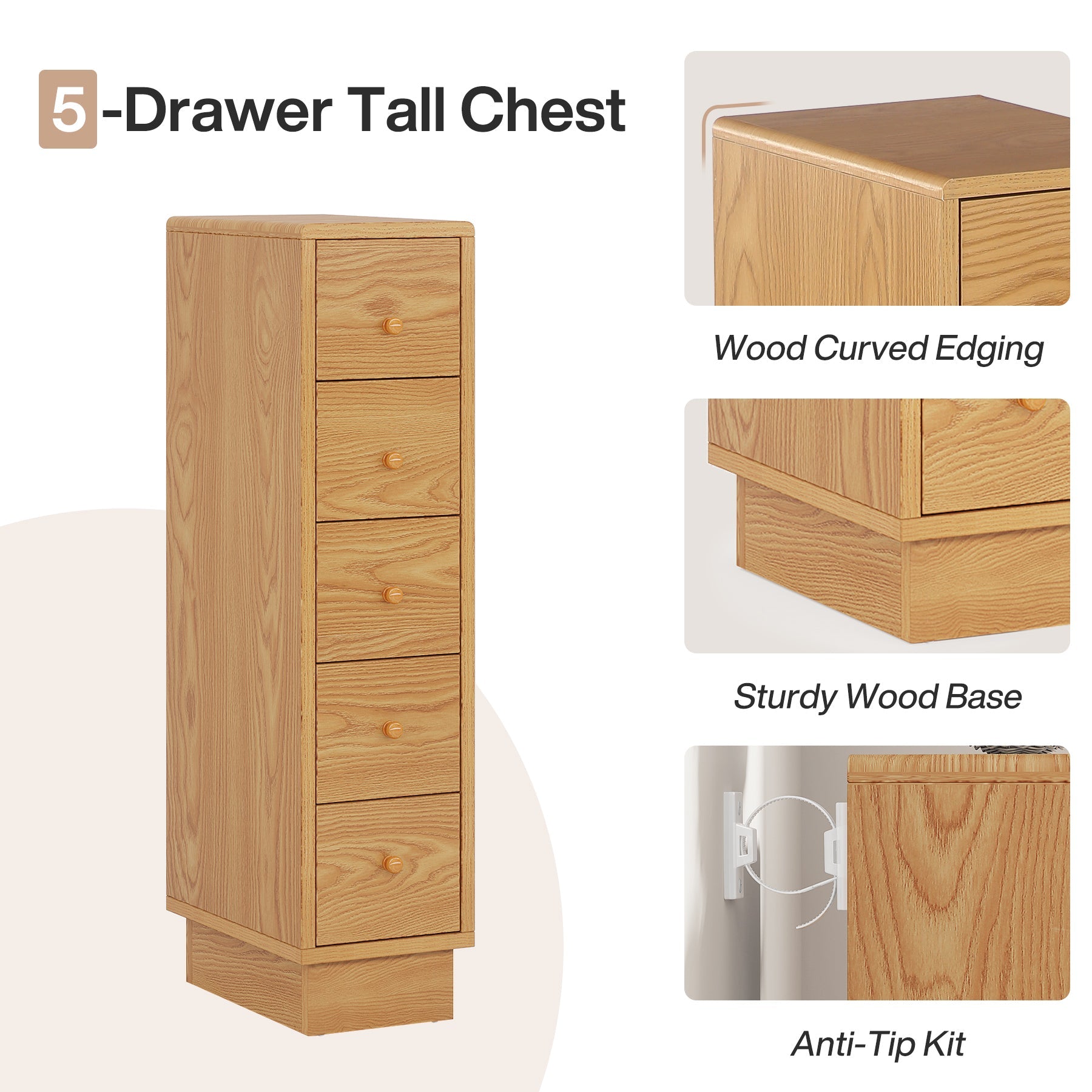 5 Drawer Wooden Chest - Narrow Dresser with Storage Drawers for Bedroom, Living Room & Office Organization