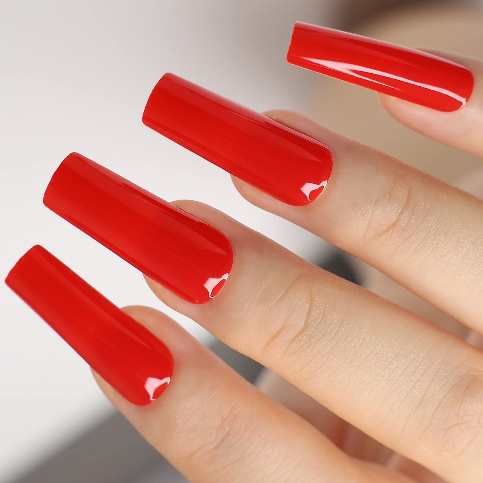 Kikmoya Extra Long Square Press on Nails - Glossy Red Fake Nails, Full Cover False Nail Tips, Acrylic Stick on Nails for Women - Perfect for Parties, Weddings, and Everyday Manicure