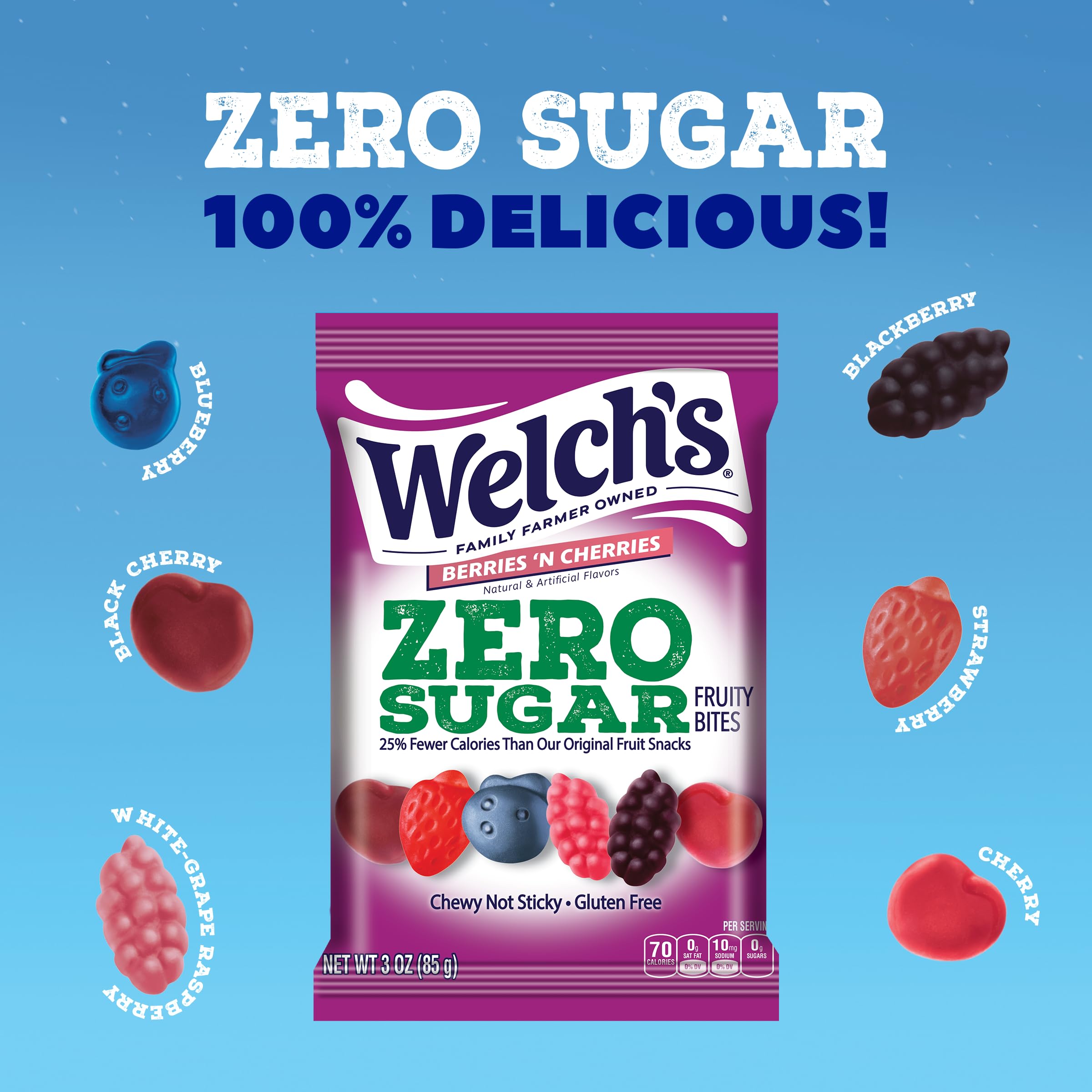 Welch’s Zero Sugar Fruity Bites - Berries 'N Cherries Flavor, 3oz Healthy Snack Pack | No Sugar Added, Gluten Free, Keto Friendly | Perfect for Office, School, Travel & On-the-Go Snacking