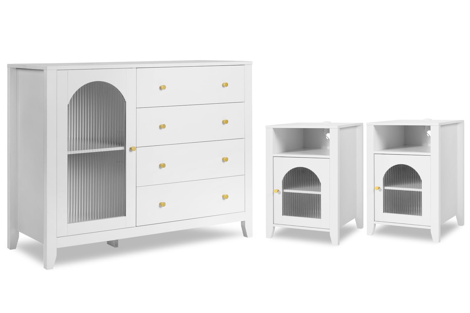 ENSTVER 3-Piece White Bedroom Set with Dresser & Nightstands - 4-Drawer Fluted Glass Door Chest & USB Charging Nightstands | Modern Bedroom Furniture for Master Bedroom, Guest Room, or Apartment