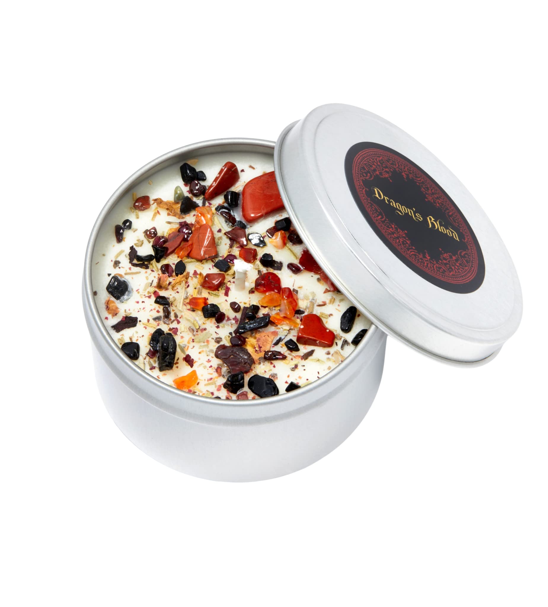 New Moon Beginnings Dragons Blood Candle - Protection & Grounding Aromatherapy Soy Candle with Herbs, Flowers & Crystals - 8oz Tin - Perfect for Meditation, Spiritual Cleansing & Home Decor