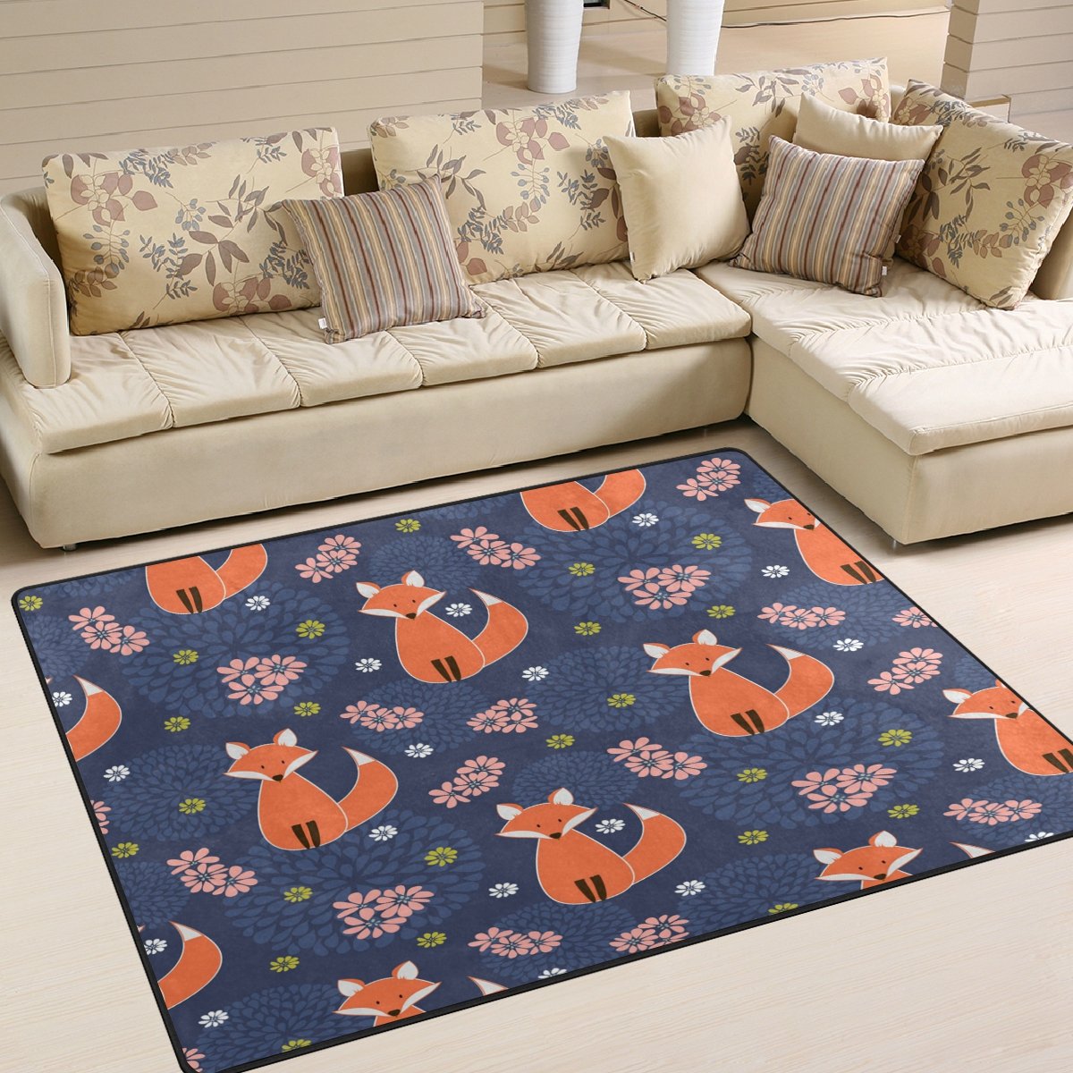 ALAZA Spring Cartoon Fox Floral Print Area Rug 5'3