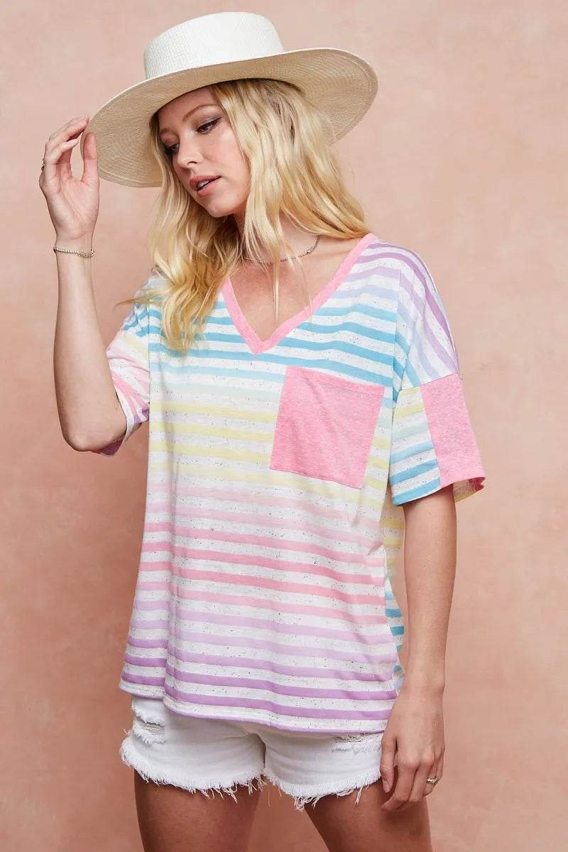 BiBi Rainbow Stripe Printed Triblend Knit Top - Women's Soft Comfortable Casual T-Shirt for Everyday Wear, Street Style & Summer Outfits