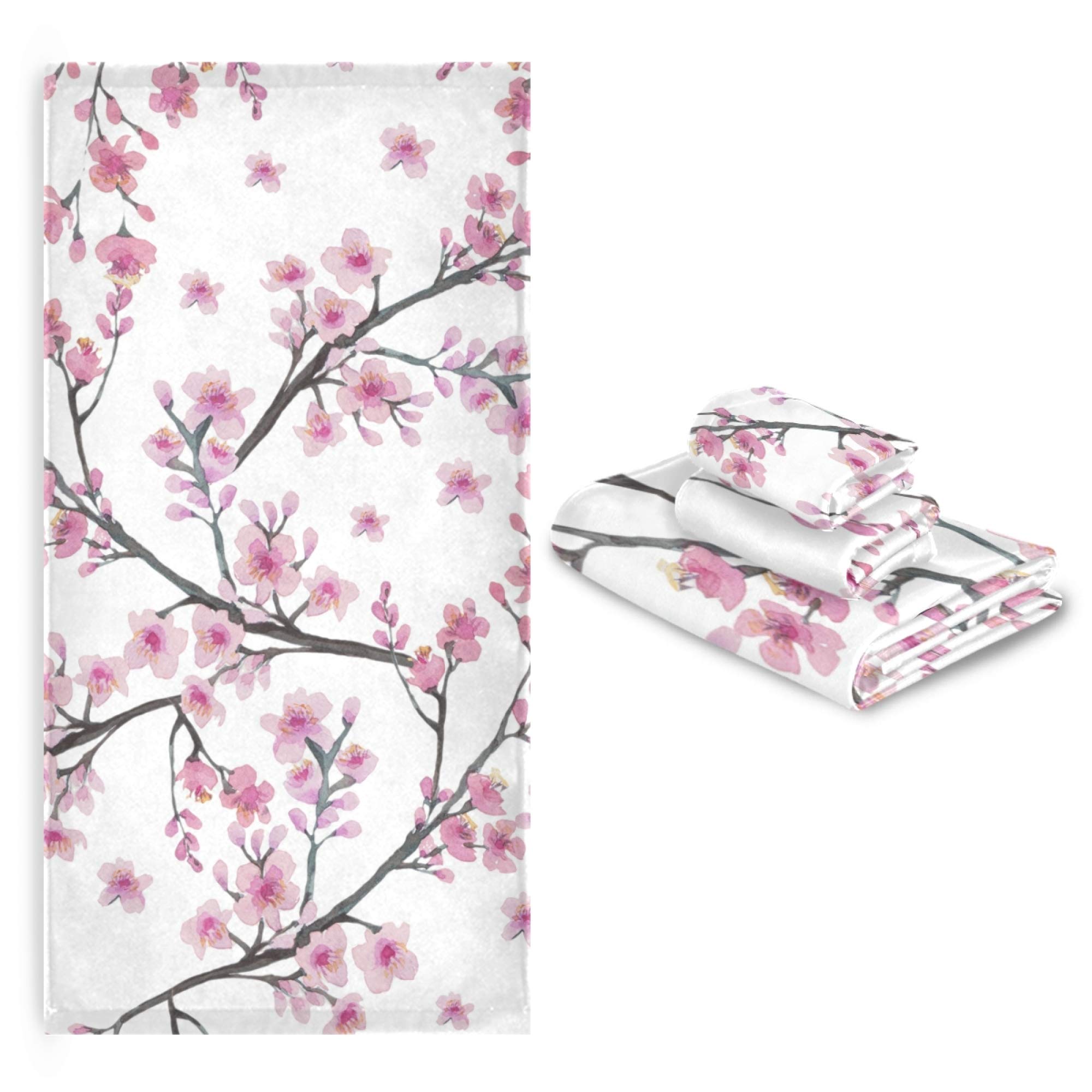 Premium 3-Piece Pink Cherry Blossom Bath Towel Set - 1 Bath Towel, 1 Hand Towel & 1 Washcloth | Ultra Soft, Quick Drying & Highly Absorbent Floral Print Towels for Bathroom, Spa & Guest Use | Watercolor Design Luxury Towel Collection