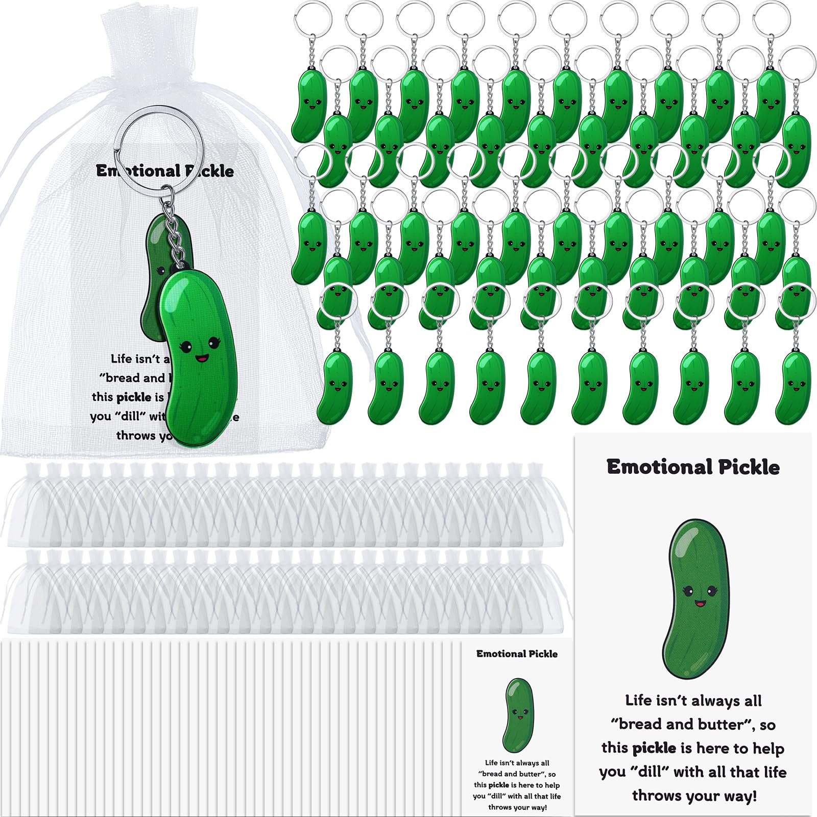 JaGely Inspirational Positive Cucumber Pickle Keychain - Funny Emotional Support Gift for Employees, Friends & Coworkers - Bulk Pack with Cards & Bags - Perfect for Office Gifts, Appreciation Awards & Stress Relief