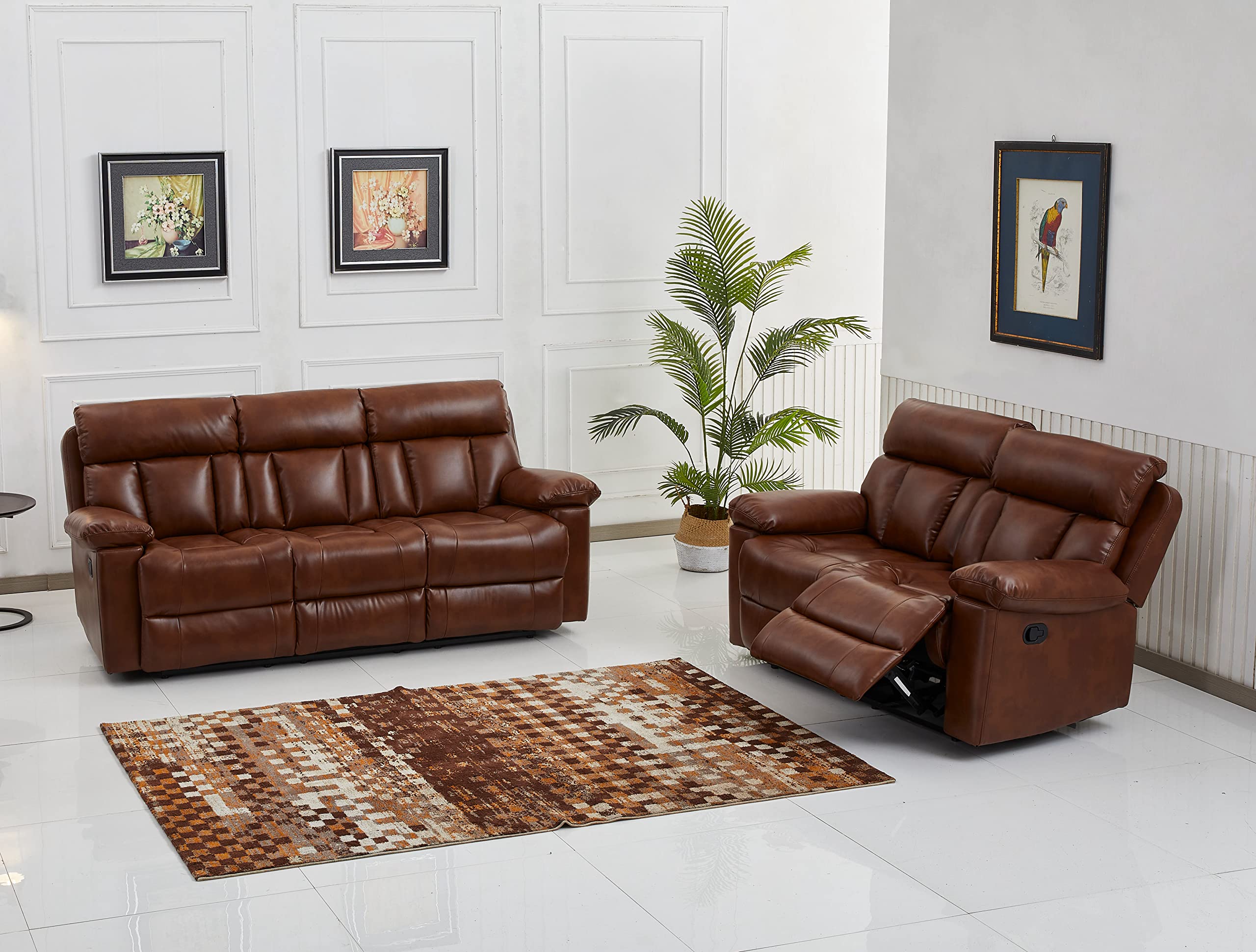 Betsy Furniture Genuine Bonded Leather Reclining Sofa Set - 2-Piece Living Room Sectional with Power Recline (Orange) - Perfect for Home Theater, Family Rooms & Small Spaces