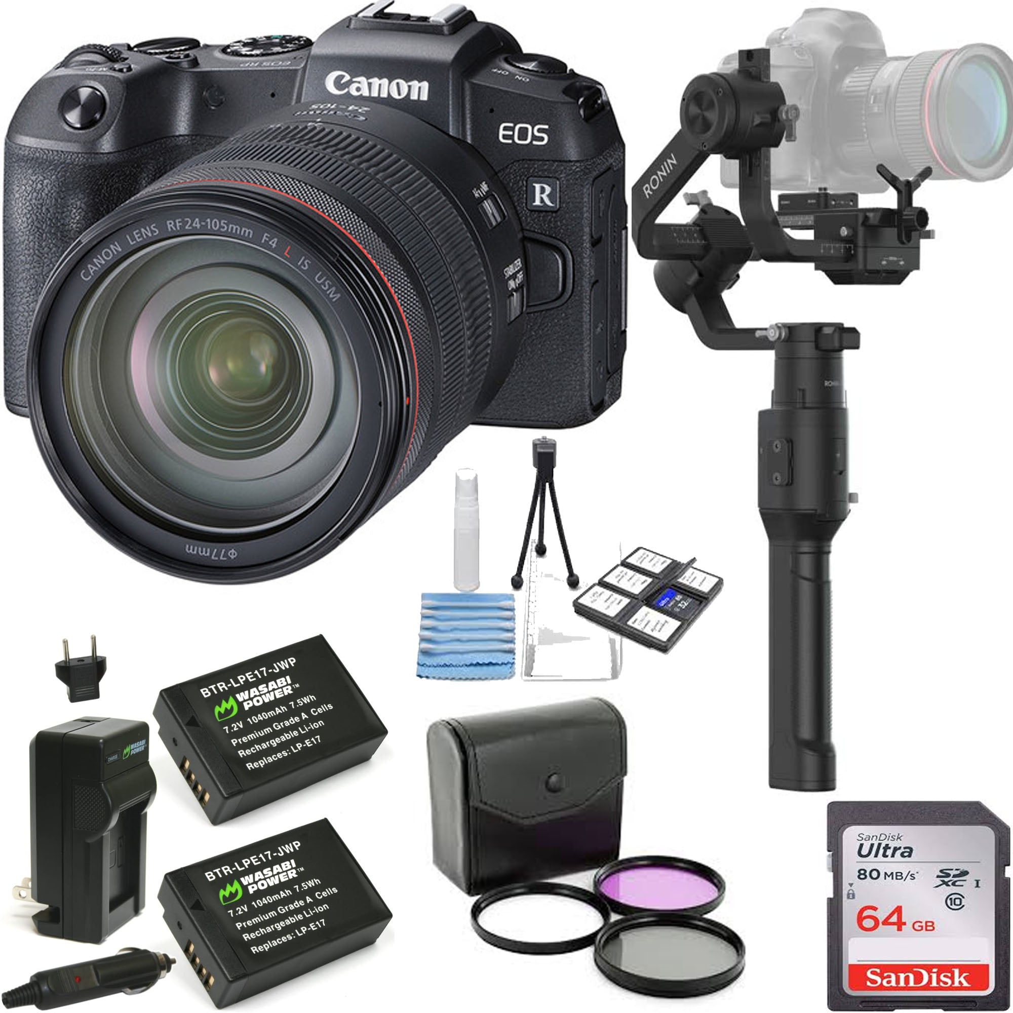 Canon EOS RP Full Frame Mirrorless Digital Camera with RF 24-105mm f/4L Lens | DJI Ronin S Gimbal Stabilizer | 64GB SD Card | Cleaning Kit | 77mm Filter Kit - Perfect for Travel Photography, Vlogging & Professional Videography