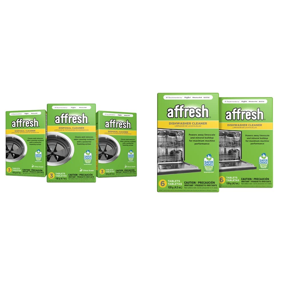 Affresh Garbage Disposal Cleaner & Dishwasher Cleaner Combo Pack - 9 Odor Removing Tablets (3 Pack) + 12 Limescale & Odor Eliminating Tablets (2 Pack) - Deep Clean for Kitchen Appliances, Eliminates Bad Smells & Buildup - Perfect for Home, Apartment & RV Use