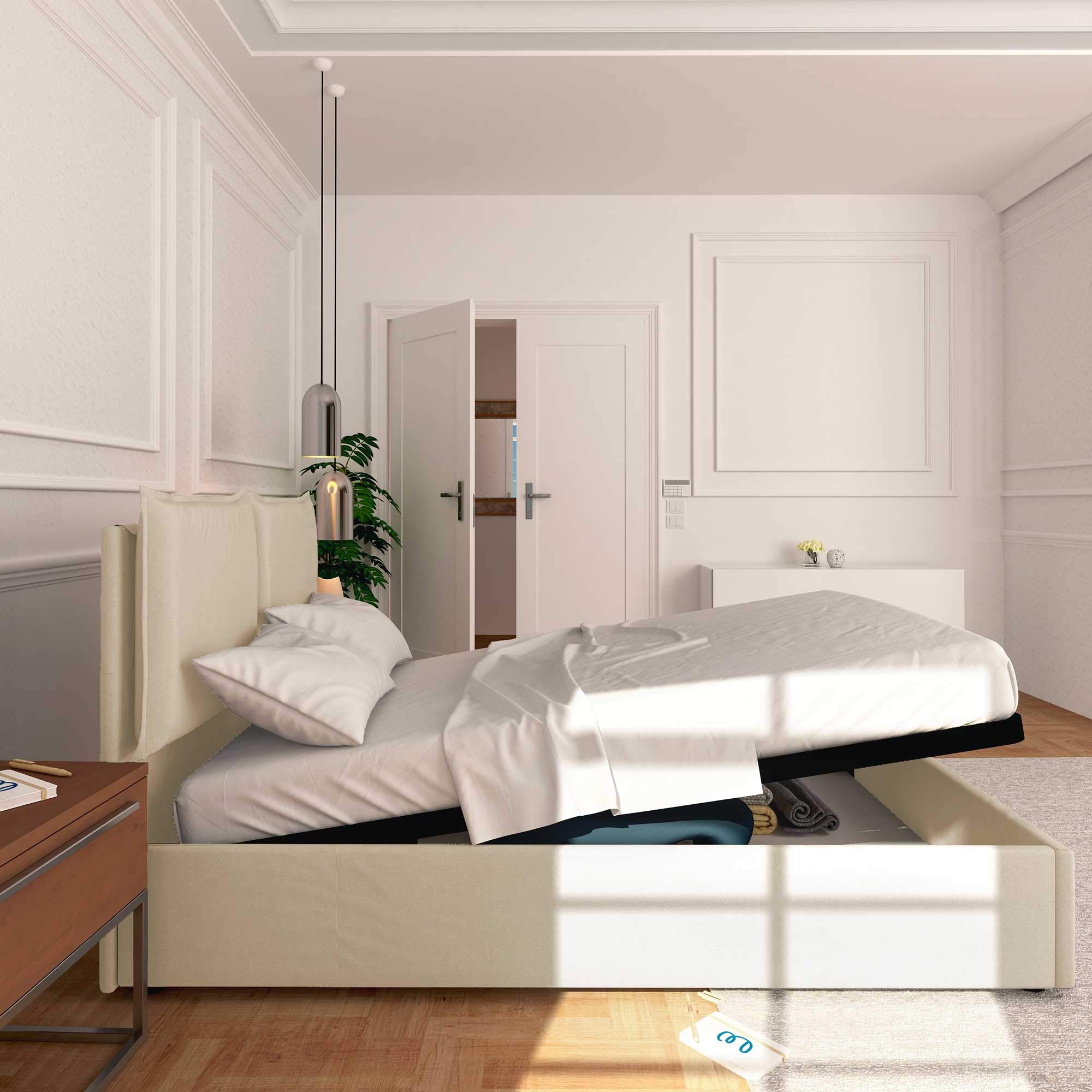 Baldiflex Licia Queen Size Storage Bed with Upholstered Headboard - Synthetic Leather, Slatted Base for 140x200cm Mattress, Beige - Perfect for Master Bedrooms & Guest Rooms