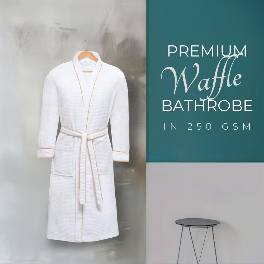 Looperry Unisex White Waffle Bathrobe with Dyed Satin Piping - Luxurious Lightweight Shower Robe in Organic Cotton Polyester Blend for Spa, Hotel & Home Relaxation