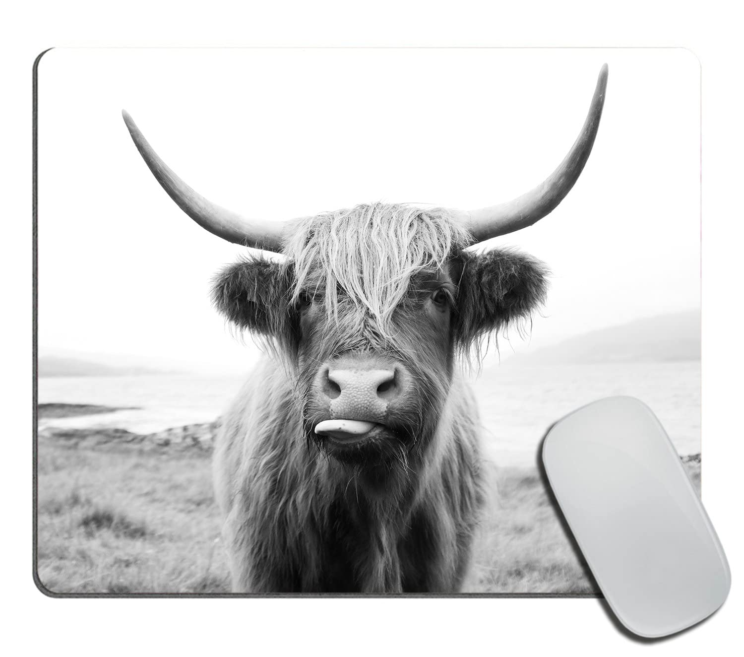 Premium Non-Slip Mouse Pad with Scottish Highland Cow Design - Black & White Isle of Mull Themed Office Accessory (9.5
