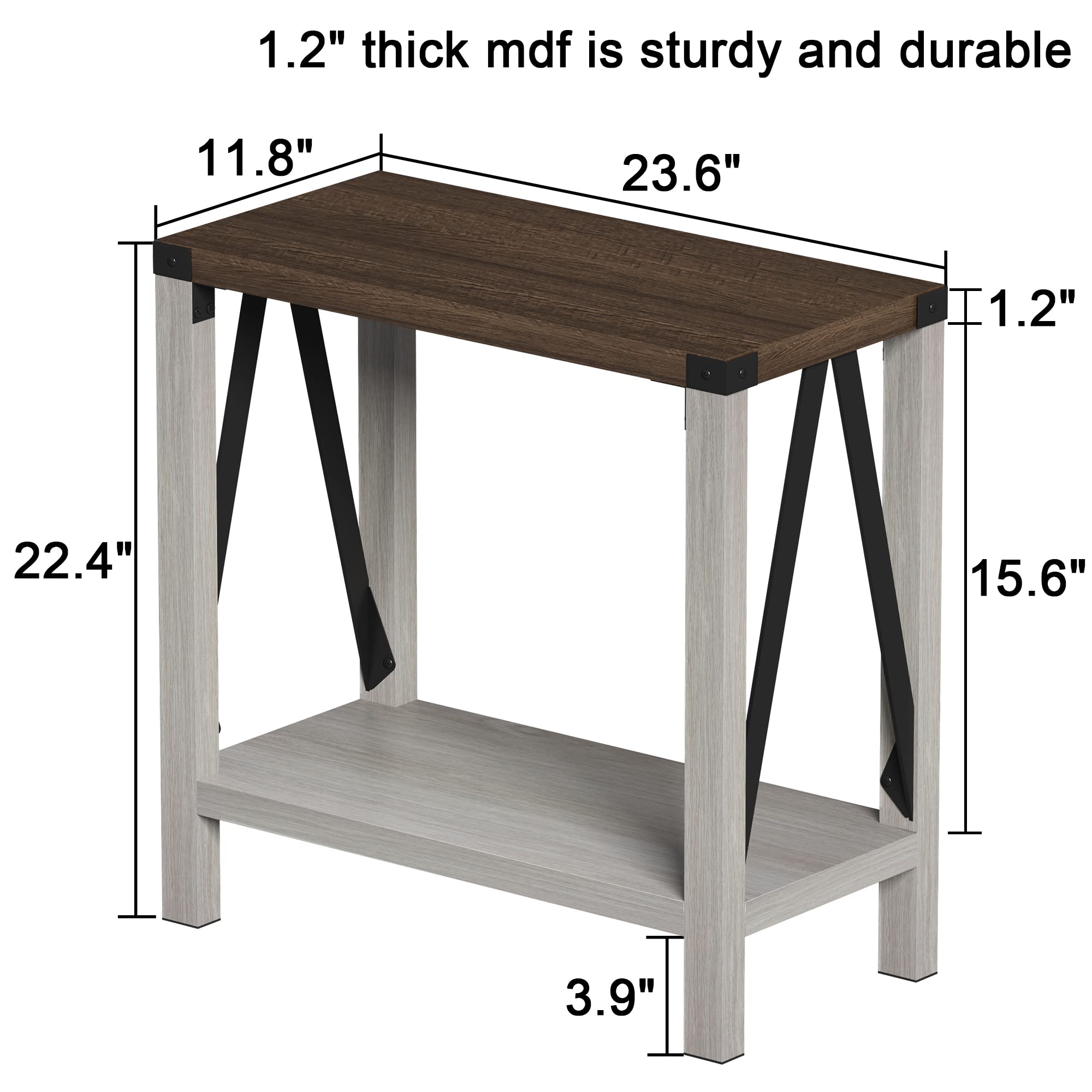 ChooChoo Farmhouse Narrow End Table with Storage Shelf - Rustic A-Design Nightstand for Small Spaces, Sofa Side Table for Living Room & Bedroom (White & Brown) | Perfect for Apartments, Dorms & Cozy Home Decor