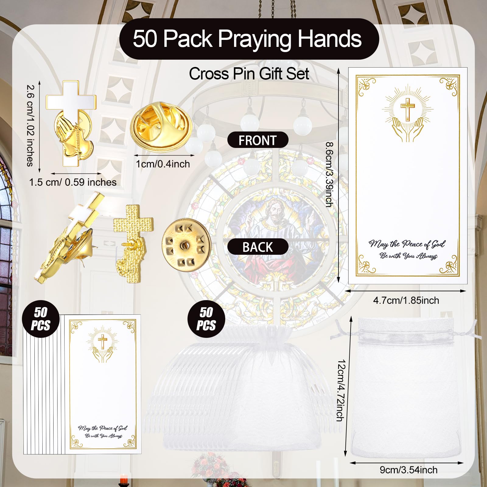 50 Sets Gold Christian Praying Hands Cross Lapel Pins - Bulk Religious Hat Pins for Men & Women - Perfect for Funerals, Baptisms, Chaplain Services & Church Events