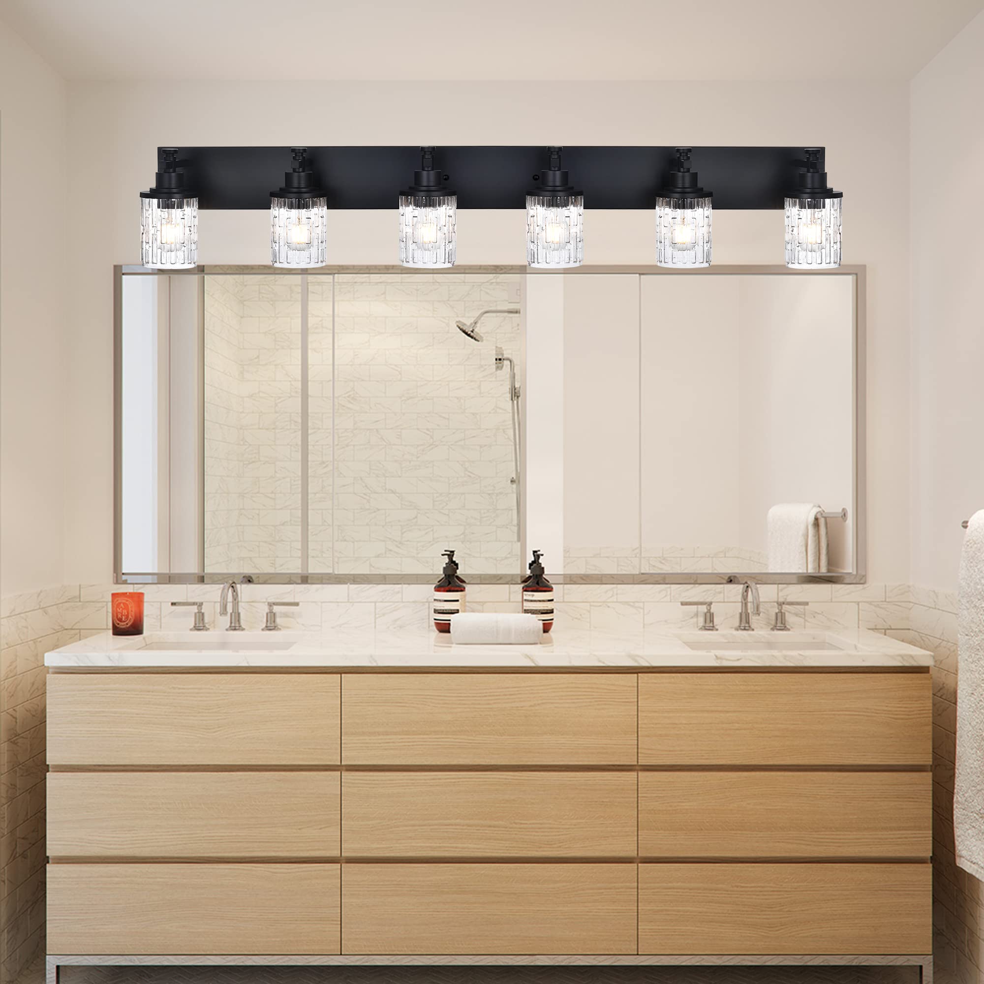 MELUCEE 6-Light Matte Black Industrial Vanity Lighting Fixture with Clear Grid Glass Shade - Modern Bathroom Wall Light for Mirror Cabinet, Powder Room, Kitchen & Foyer | Perfect for Home Decor & Interior Lighting