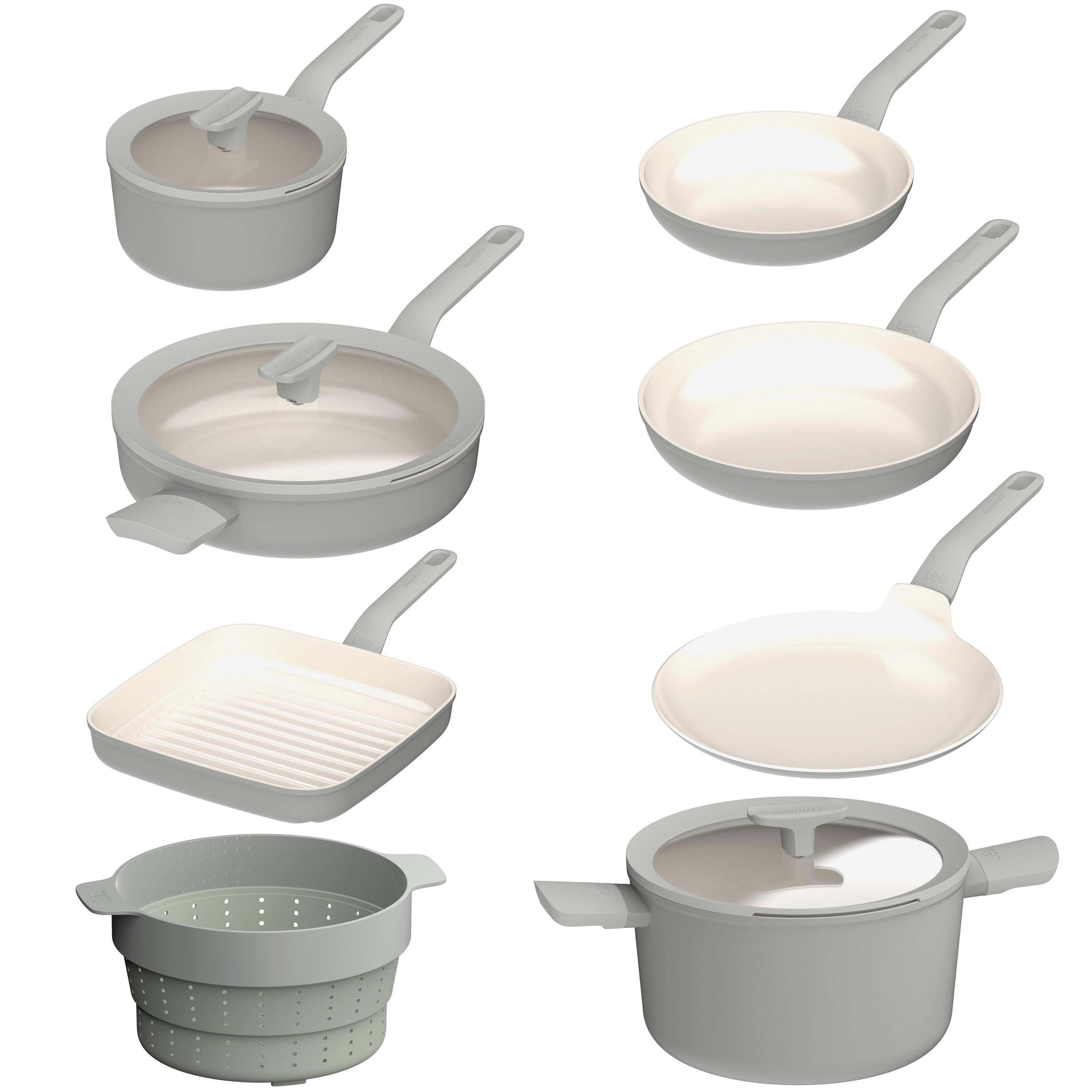 BergHOFF Leo Balance 11-Piece Nonstick Aluminum Cookware Set with Glass Lids in Moonmist - Perfect for Frying, Sautéing & Simmering - Ideal for Home Chefs & Everyday Cooking