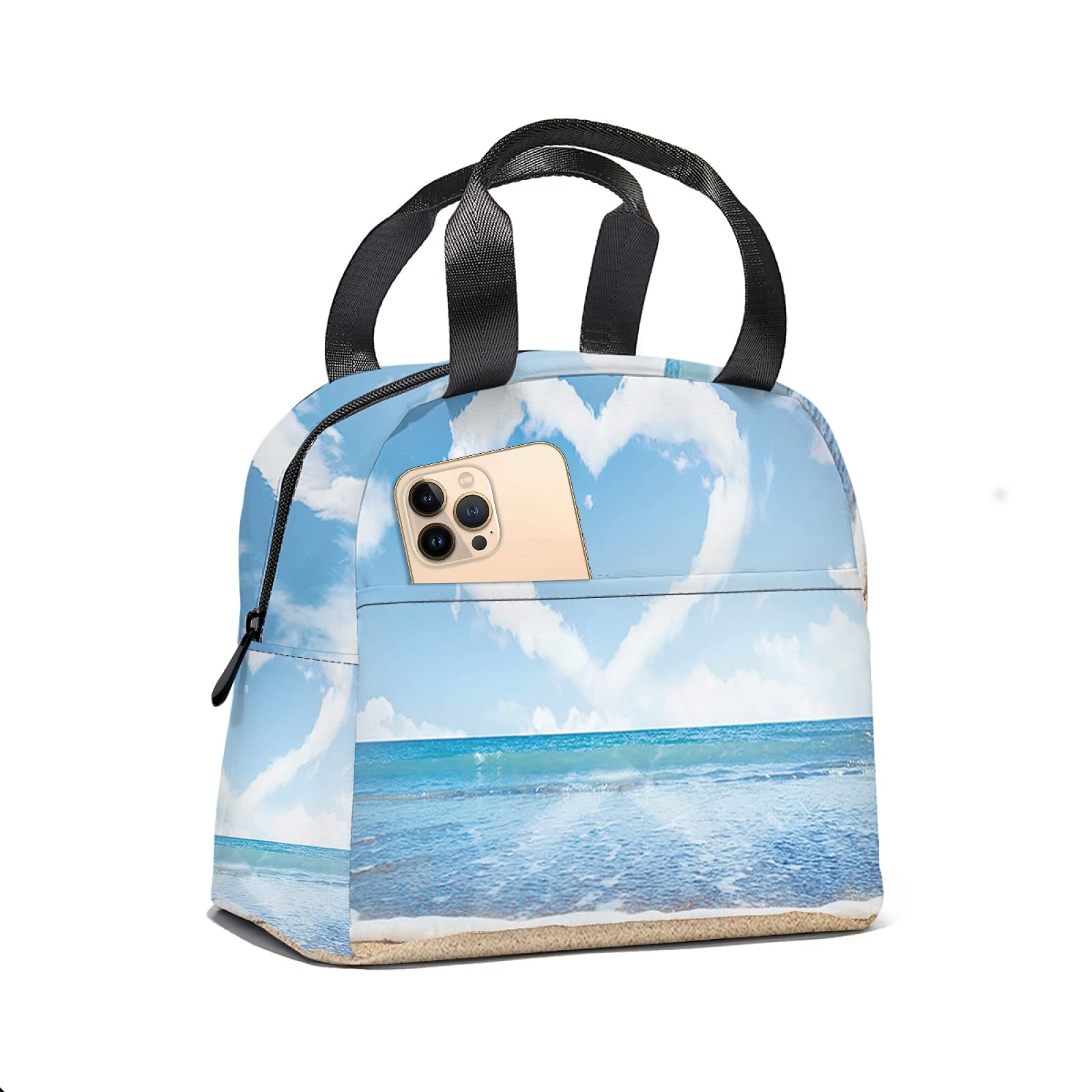 **Valentine's Day Insulated Lunch Bag - Heart Shaped Soft Cooler Tote for Women, Men & Kids - Perfect for School, Work, Beach & Travel (Blue, White, Sand Brown)**    *Use Cases: Ideal for packing romantic picnics, school lunches, office meals, or keeping snacks fresh during beach trips and vacations.*