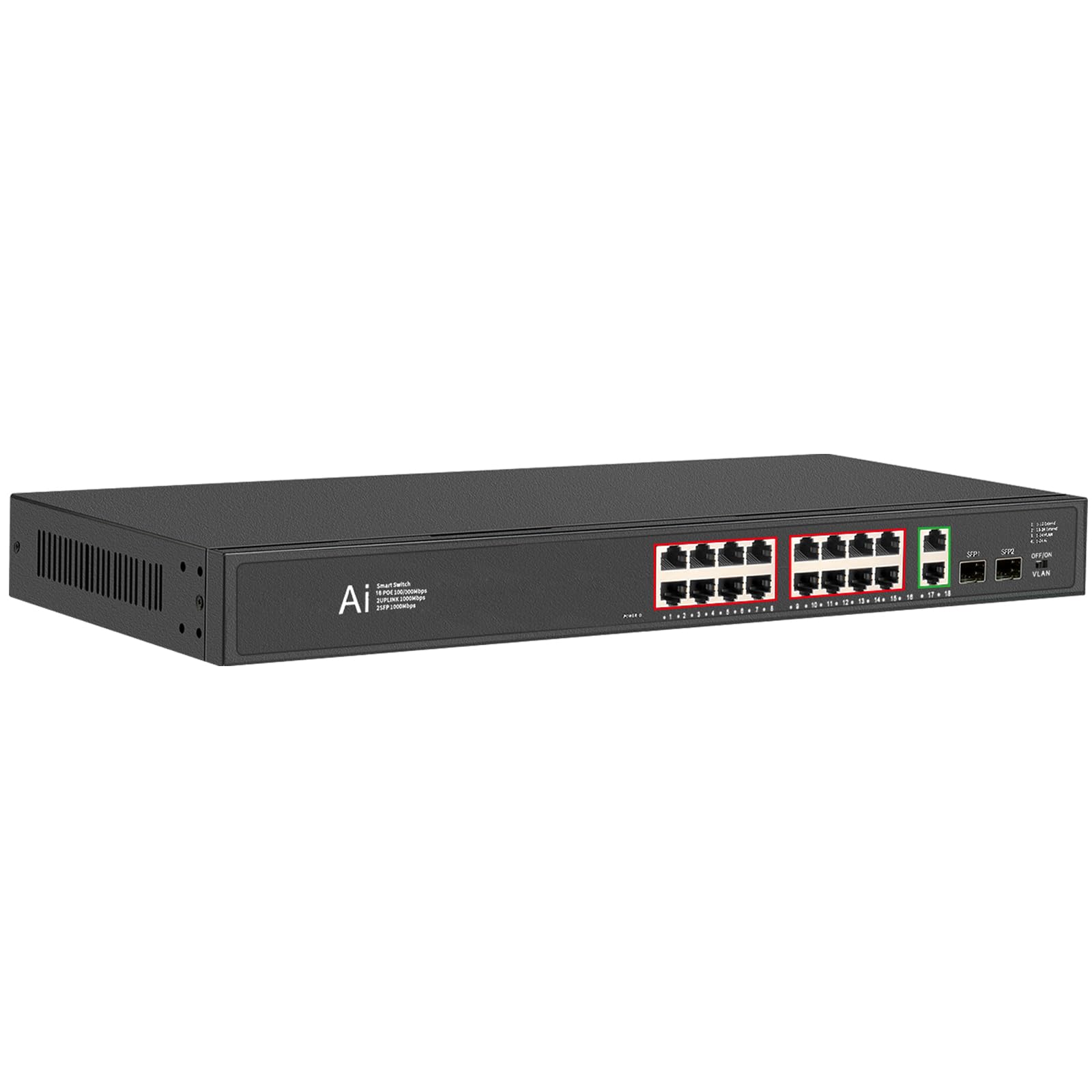 TEROW 20 Port Gigabit PoE+ Switch - 16 PoE+ Ports, 2 Uplink & 2 SFP Slots - 802.3af/at Compliant, Plug & Play, Fanless Network Switch for Home Office, Surveillance System & Smart Home Setup