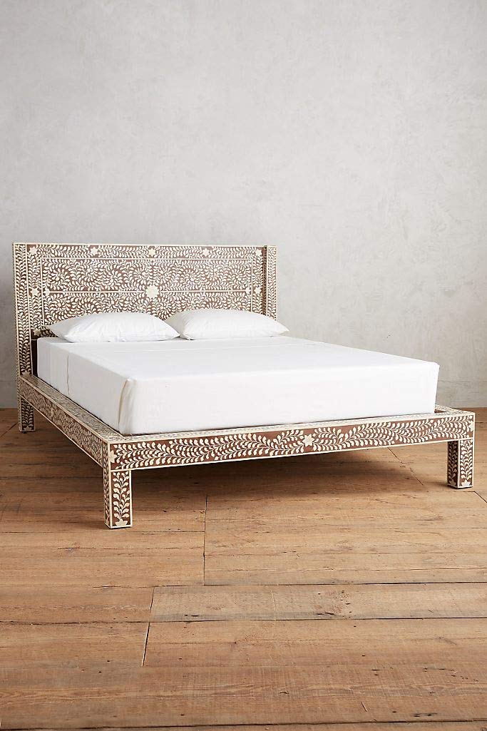 Handmade Queen Size Floral Brown Bone Inlay Bedroom Furniture - Elegant Decorative Headboard for Master Bedroom & Guest Room Decor