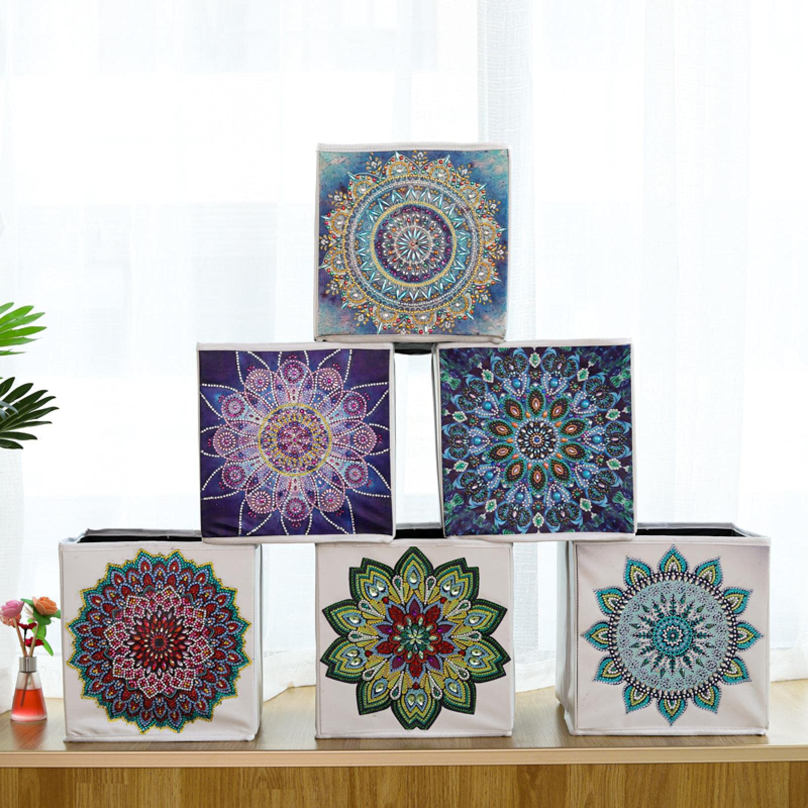 6PCS DIY Mandala Diamond Painting Storage Cubes - PU Leather Foldable Organizer Boxes for Embroidery, Cross Stitch Supplies, Cabinet & Bookcase Organization - Perfect for Home, Office & Craft Room Storage