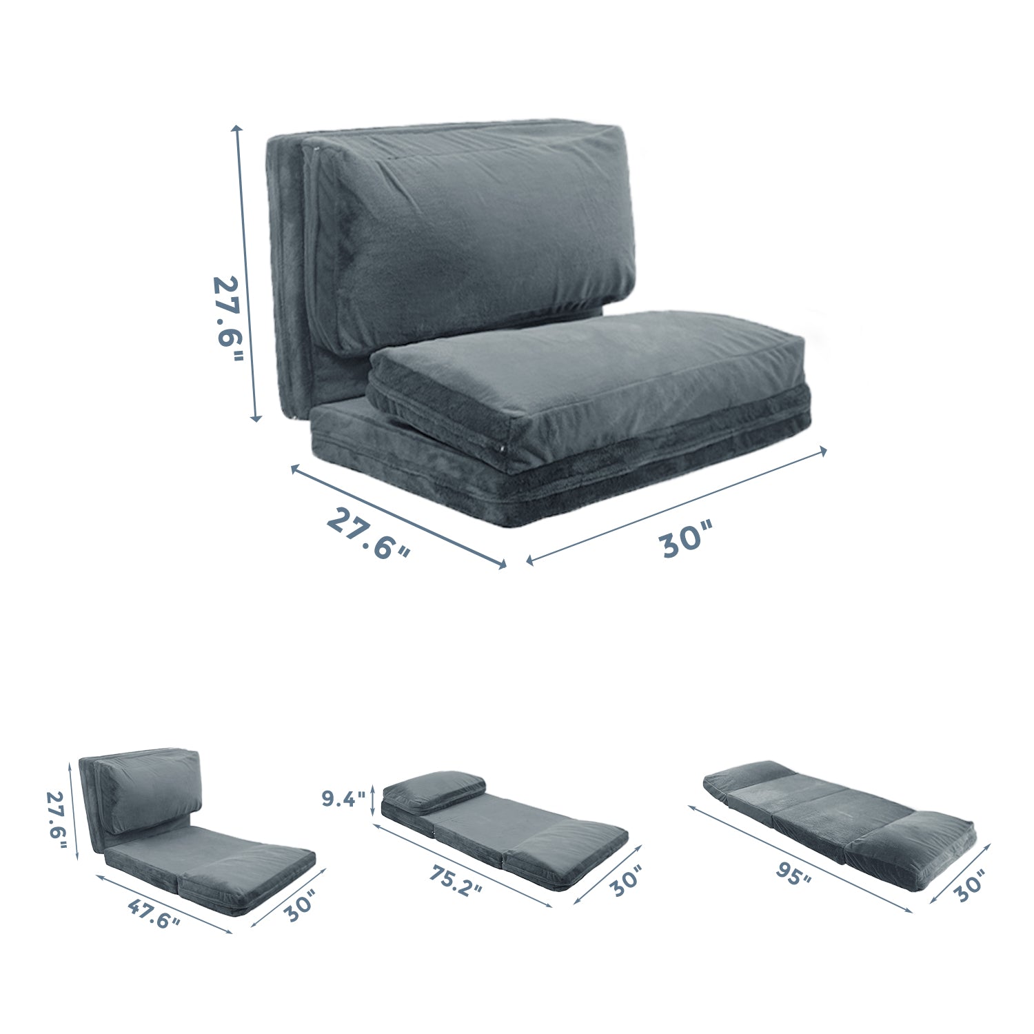 MAXYOYO Foldable Bean Bag Sofa Bed - Extra Thick Multi-Functional Floor Lounger with Washable Faux Fur Cover in Dusty Blue | Perfect for Living Rooms, Dorms, Game Rooms & Relaxation Spaces