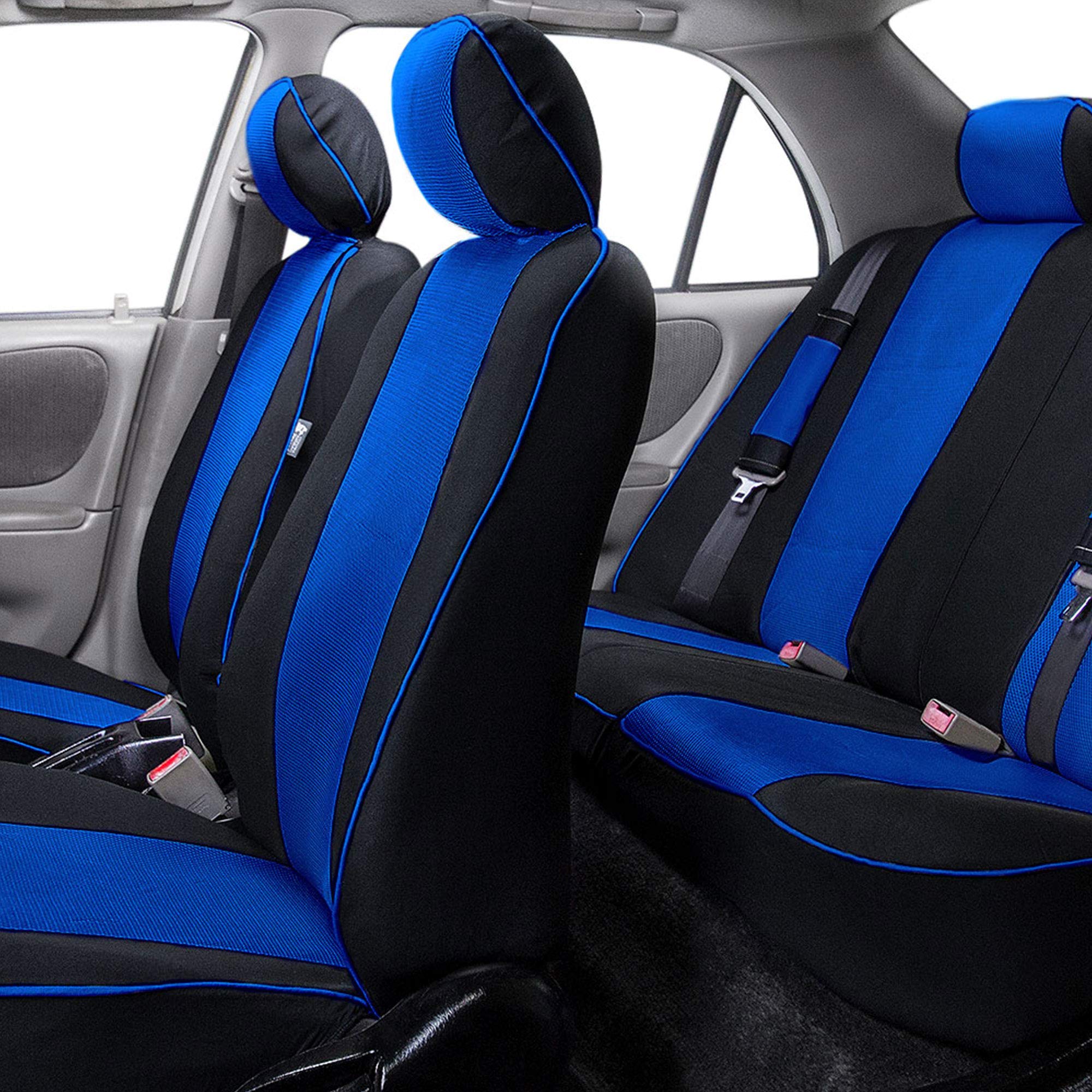 TLH Blue Car Seat Covers for 3-Row 8-Seater Vehicles - Airbag Compatible Split Bench Vinyl Seat Protectors with Durable Trimmable Floor Mats | Perfect for SUVs, Minivans & Family Road Trips