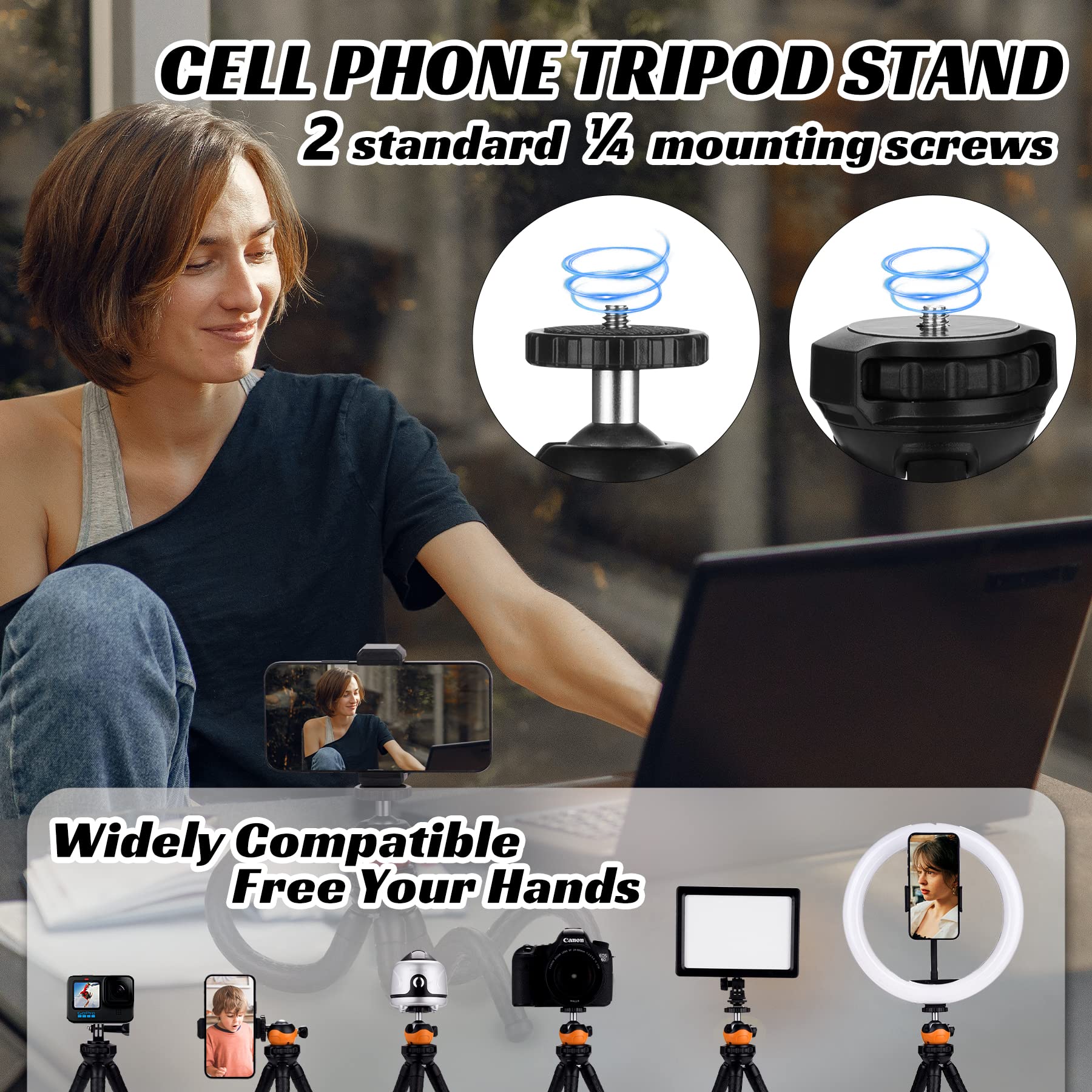 Portable Flexible Cell Phone Tripod Stand with Wireless Remote - 360° Adjustable Mini Tripod for iPhone, Android, GoPro, iPad & DSLR Cameras - Perfect for Vlogging, Live Streaming & Photography (Orange)
