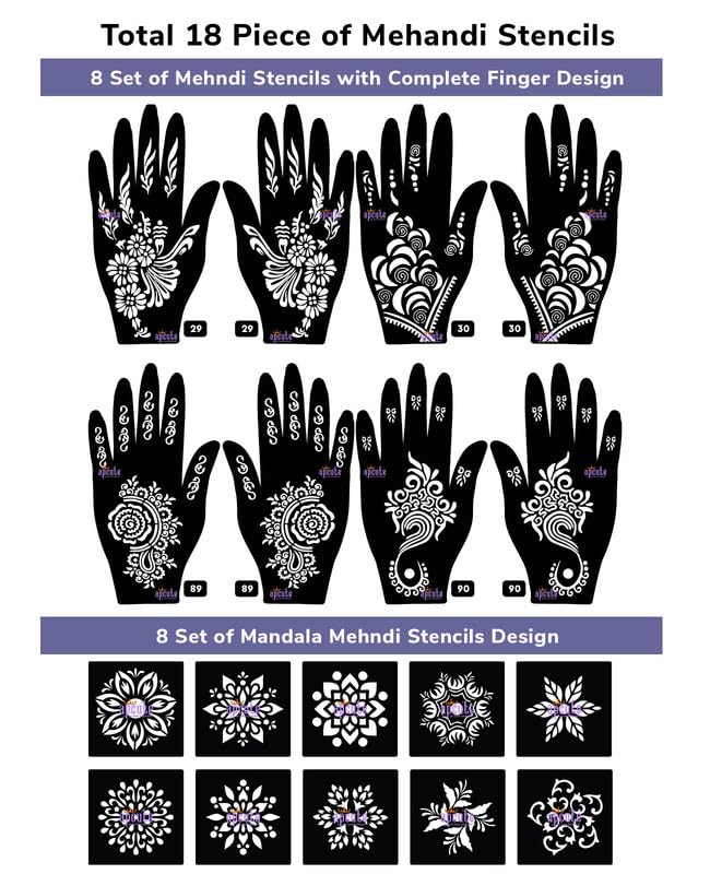Apcute 18pc Combo Pack Henna Tattoo Stencils - Easy DIY Mehndi Design Stickers for Women, Girls & Kids - Quick Temporary Body Art for Parties, Weddings & Festivals (Set of 18 Styles: 29-30-89-90)