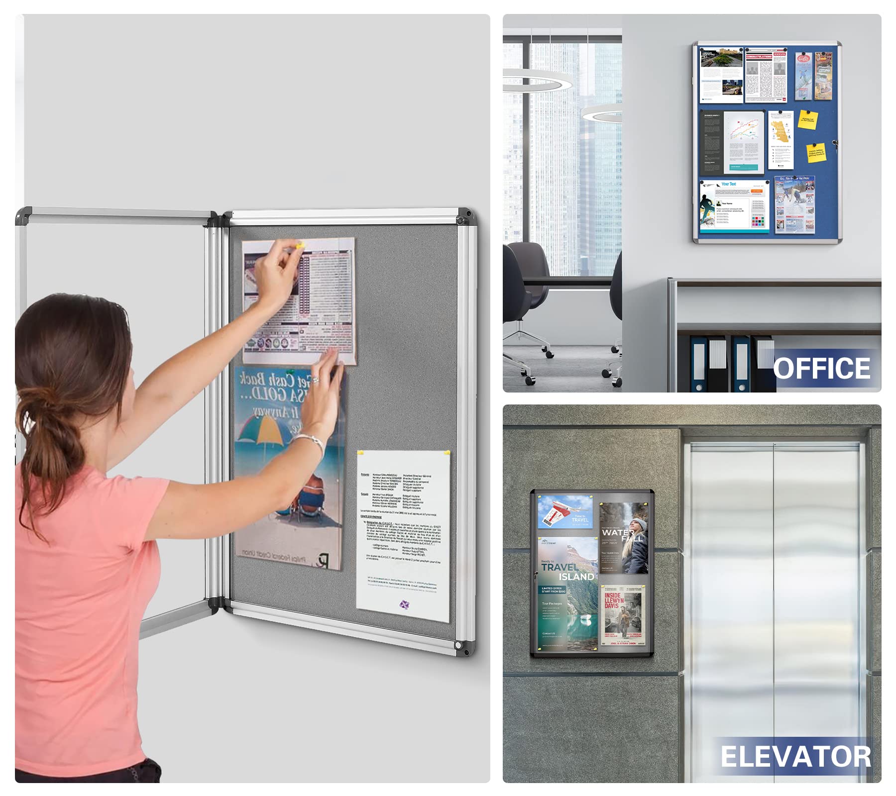 SWANCROWN 26x20 Inch Fabric Bulletin Board - Wall Mounted Enclosed Display Case for Office, Classroom & Home Decor (Holds 4 A4 Papers) - Perfect for Announcements, Photos & Memo Organization