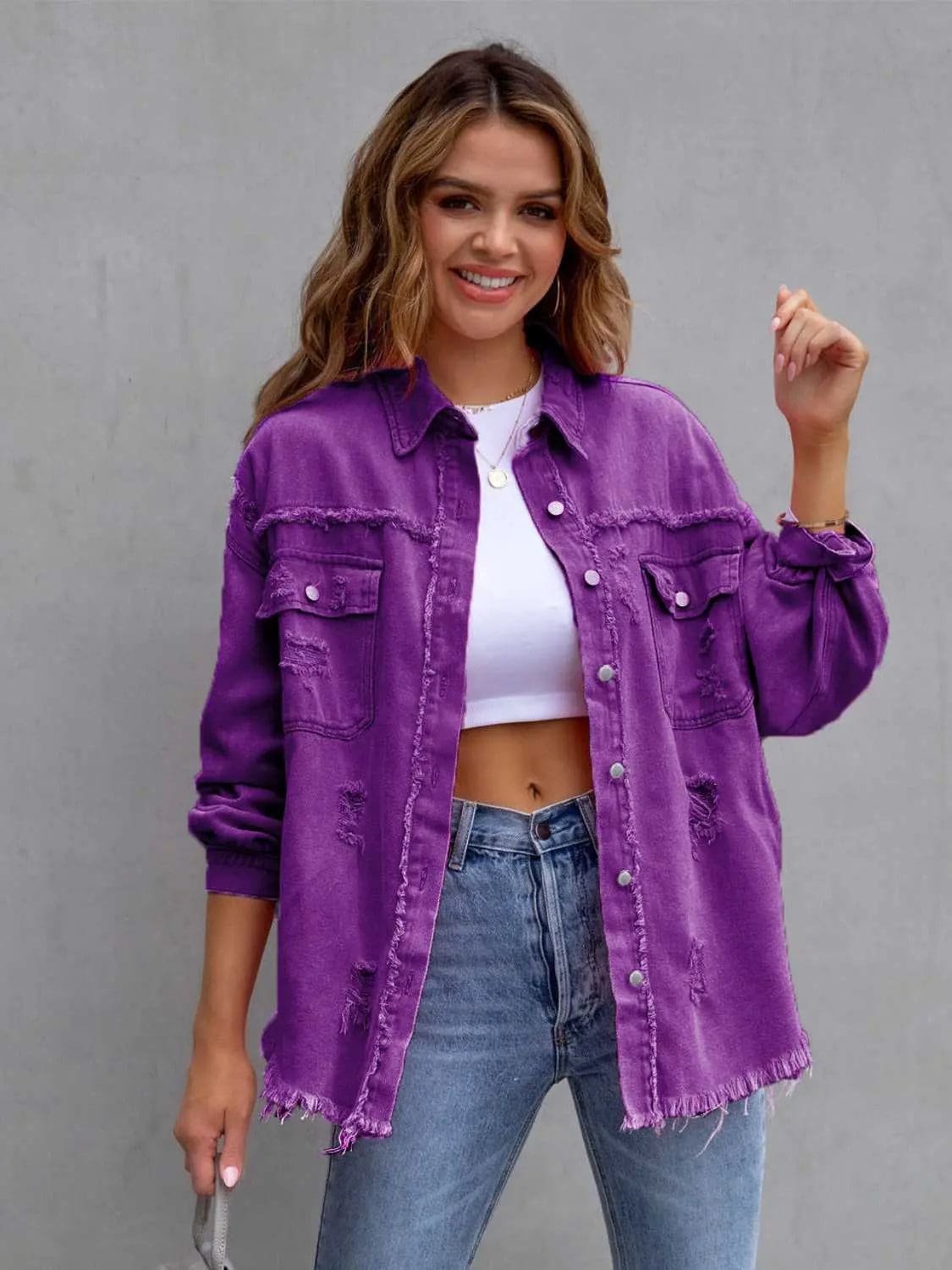 Vintage Distressed Drop Shoulder Denim Jacket for Men & Women - 90s Grunge Style Denim Coat with Button Front - Perfect for Casual Outfits, Streetwear & Fall Layering