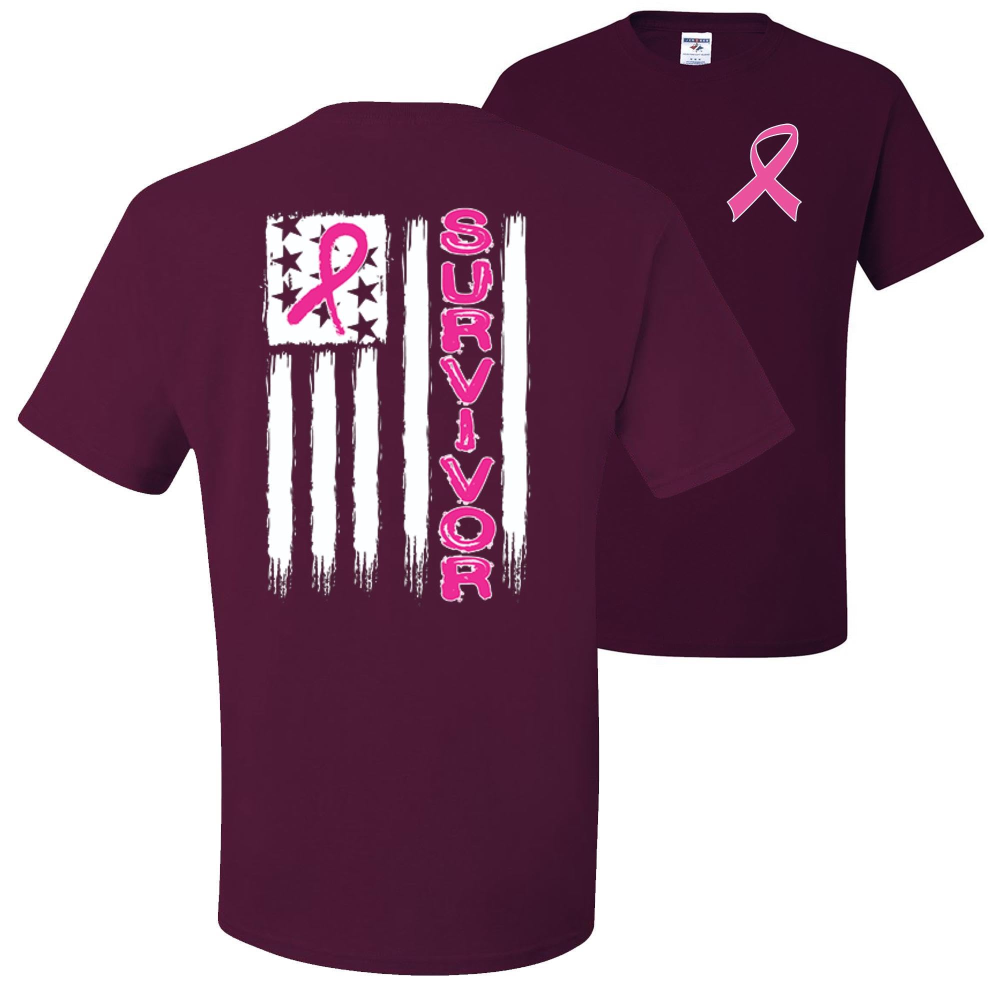 Custom Wild Apparel Breast Cancer Awareness T-Shirt - American Flag Design Front & Back - Men's Comfort Fit Tee for Fundraising, Awareness Events & Patriotic Support