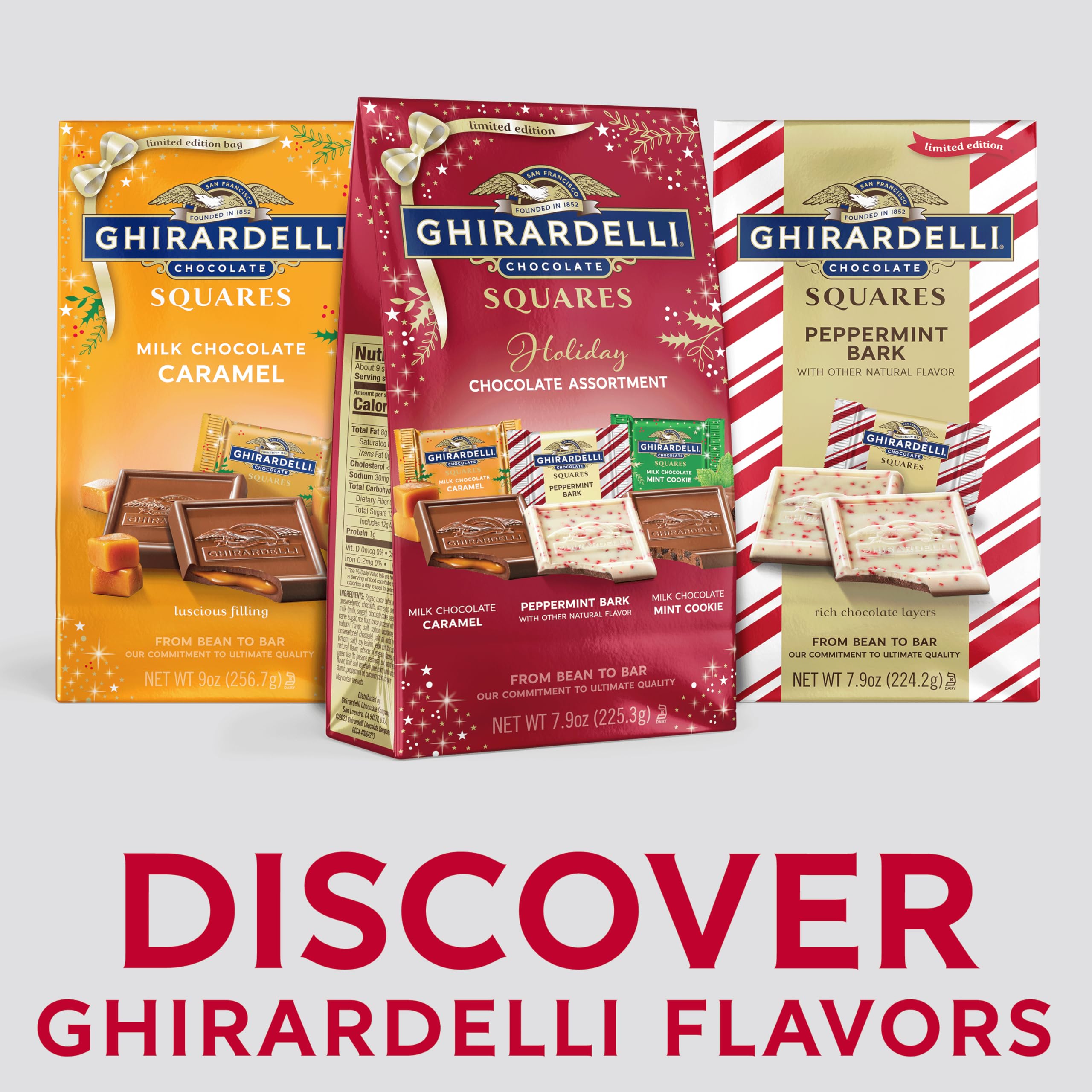 Ghirardelli Holiday Assorted Chocolate Squares Bag - 7.5oz Milk Chocolate Caramel, Peppermint Bark & Gingerbread Cookie | Limited Edition Gift for Christmas, Stocking Stuffers & Party Favors