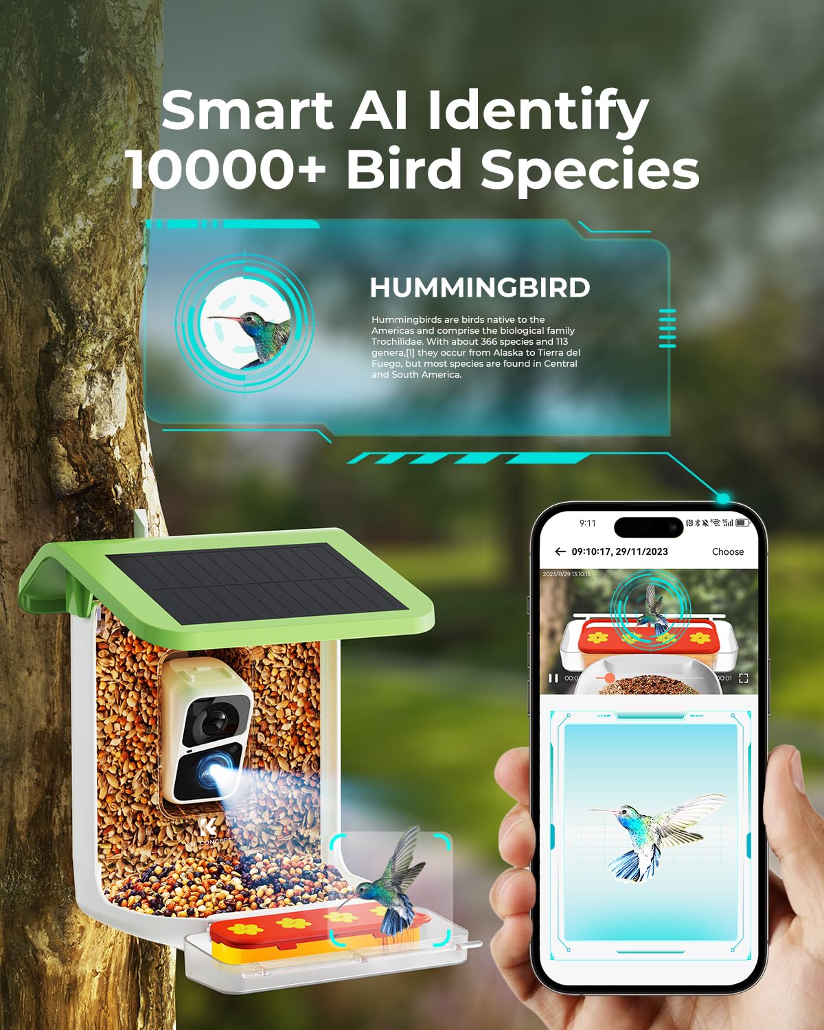 Smart Bird Feeder with Camera - 1080P HD AI Hummingbird Identification & Auto Video Capture, 2-in-1 Feeder Perch | Perfect for Backyard Bird Watching & Nature Photography