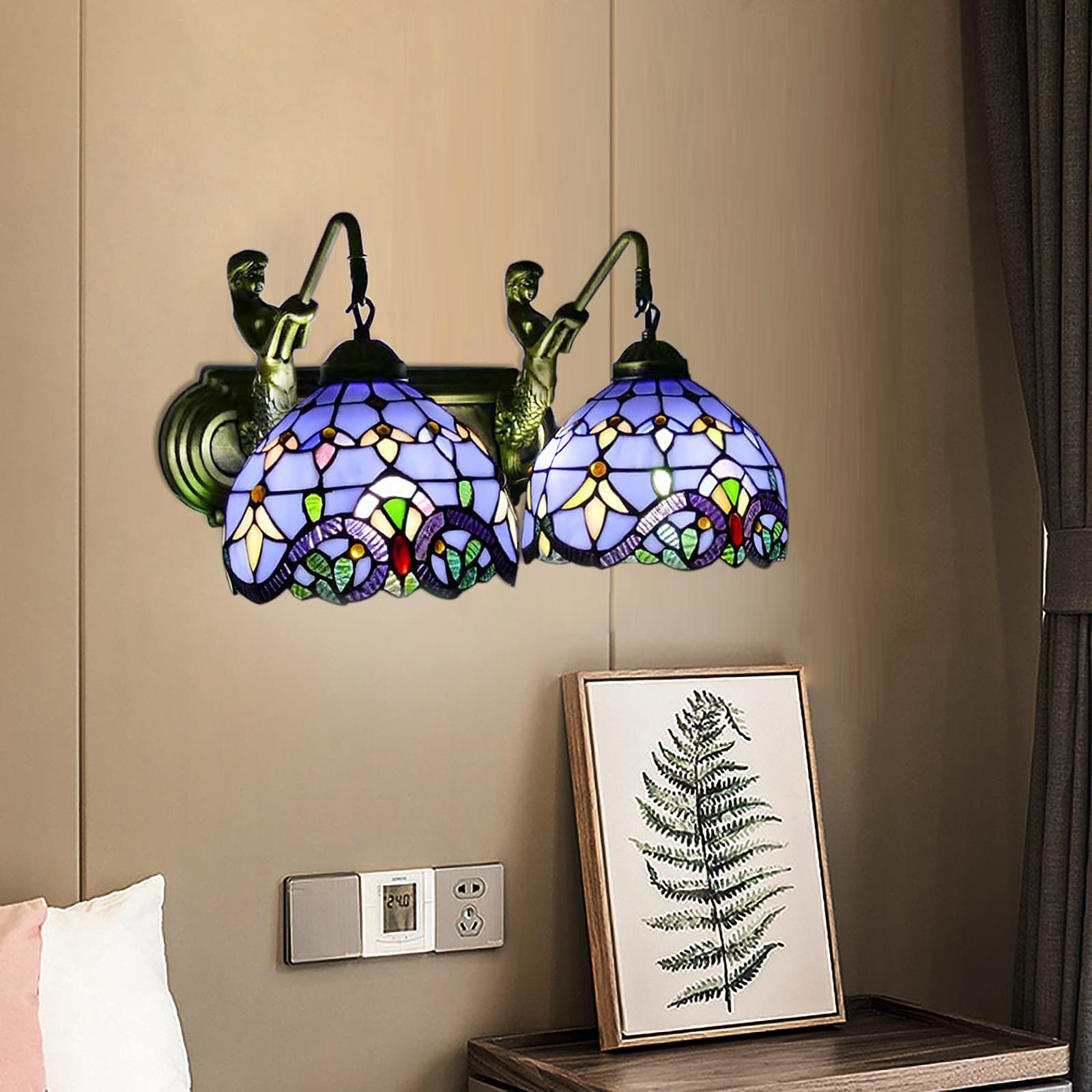 YIYIBYUS Tiffany Style Wall Sconce - Stained Glass Shade Wall Lamp for Indoor Lighting, Vintage Antique Double Head Blue Light Fixture - Perfect for Bedroom, Living Room, Hallway & Dining Room Décor