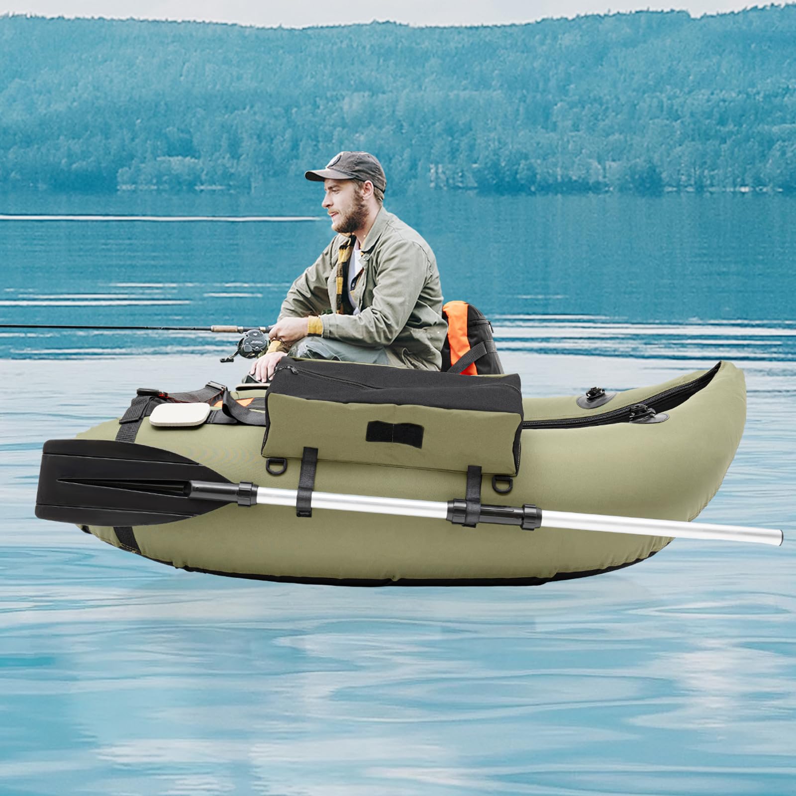 **Inflatable Fishing Float Tube Kit - Portable Outdoor Fishing Boat with Adjustable Backrest, Paddle, Pump & Accessories - 286.6LBS Load Capacity - Perfect for Lakes, Rivers & Saltwater Fishing**