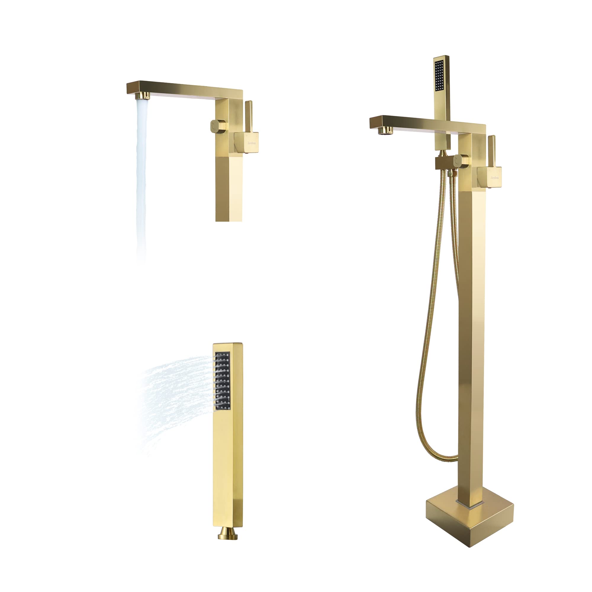 Freestanding Bathtub Faucet - Brushed Gold Floor Mount Tub Filler with Handheld Shower & Hand Sprayer - Single Handle Brass High Flow Mixer Tap for Bathroom - Perfect for Luxury Spa Experience & Modern Home Decor