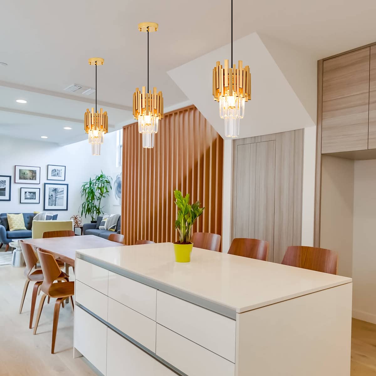 Luxury Gold Crystal Pendant Light - Modern Mini Chandelier for Dining Room, Bedroom, Kitchen & Living Room - Elegant Ceiling Lighting Fixture Set of 3 - Perfect for Home Decor, Wedding & Restaurant Ambiance