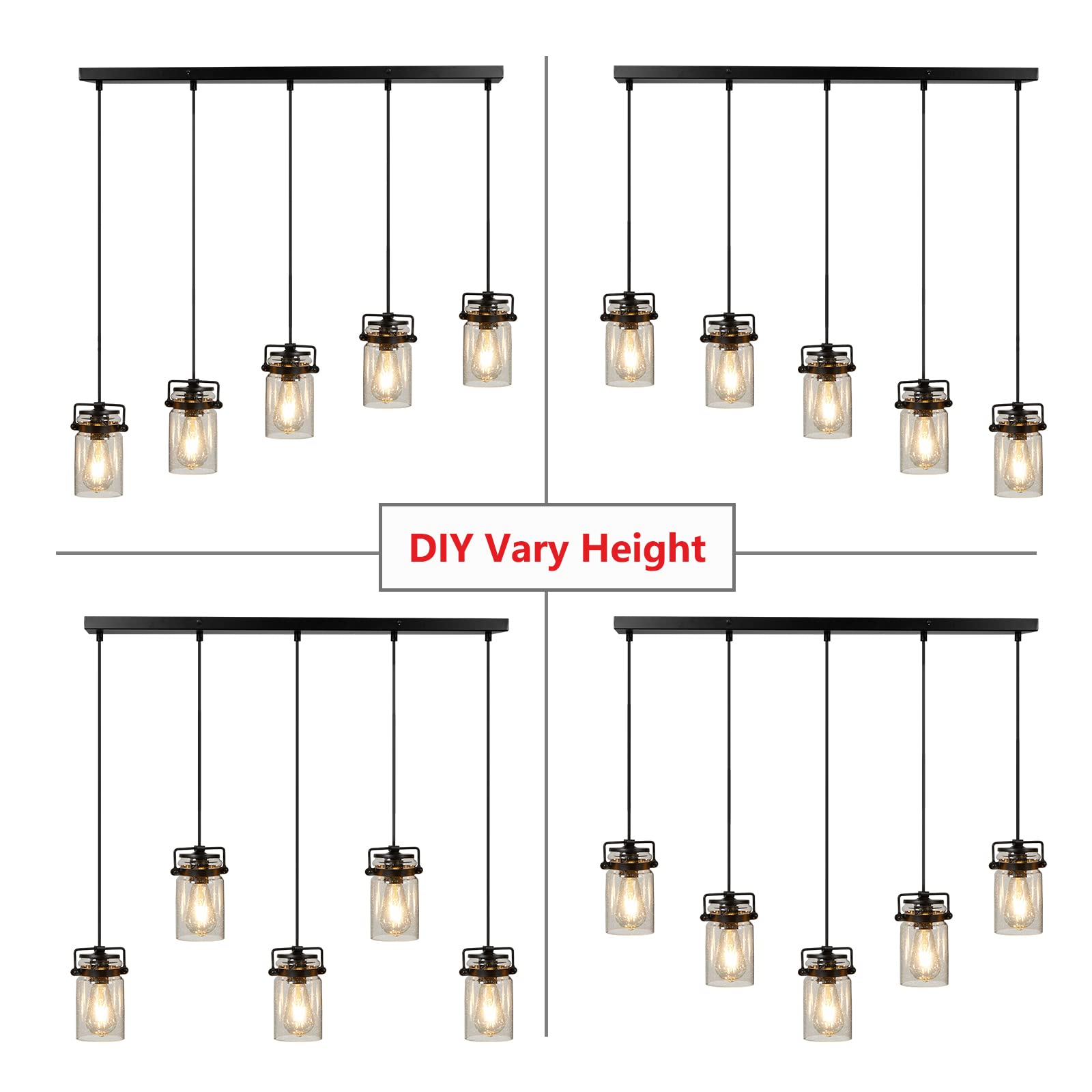 5-Light Black Linear Chandelier for Kitchen Island & Dining Room - Farmhouse Style Pendant Lighting with Glass Shades | Perfect for Modern Farmhouse, Rustic, and Industrial Home Decor