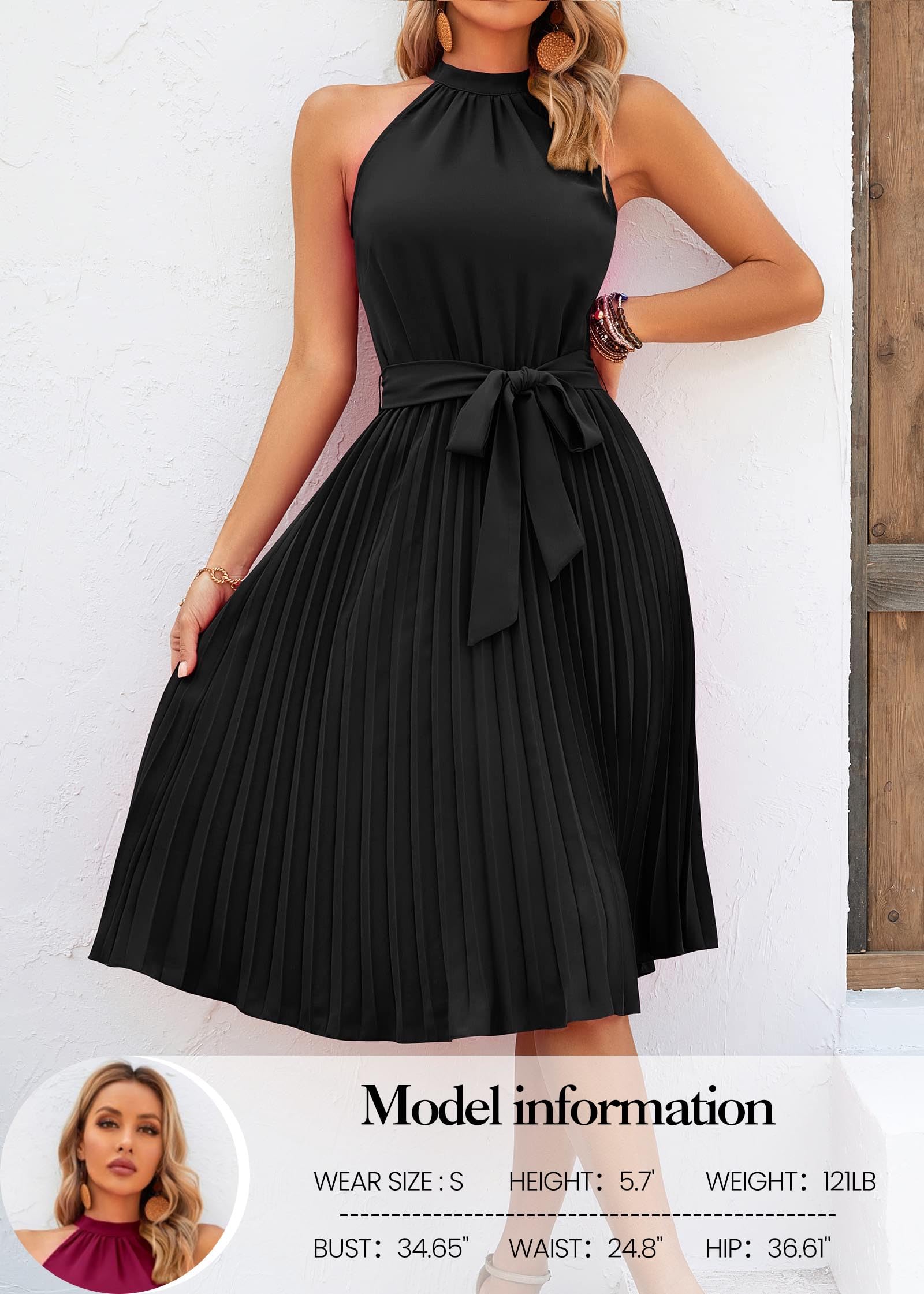 KIRUNDO Women's 2025 Summer Sleeveless Halter Neck Pleated Midi Cocktail Dress with Belt | A-Line Flowy Beach Sun Dress for Pool Party, Vacation & Evening Out
