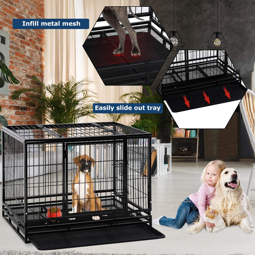 Heavy Duty 36 Inch Dog Crate Cage for Large Dogs - Indoor/Outdoor Pet Kennel with Double Doors, Secure Locks & Removable Plastic Tray - Perfect for Training, Travel, and Home Safety