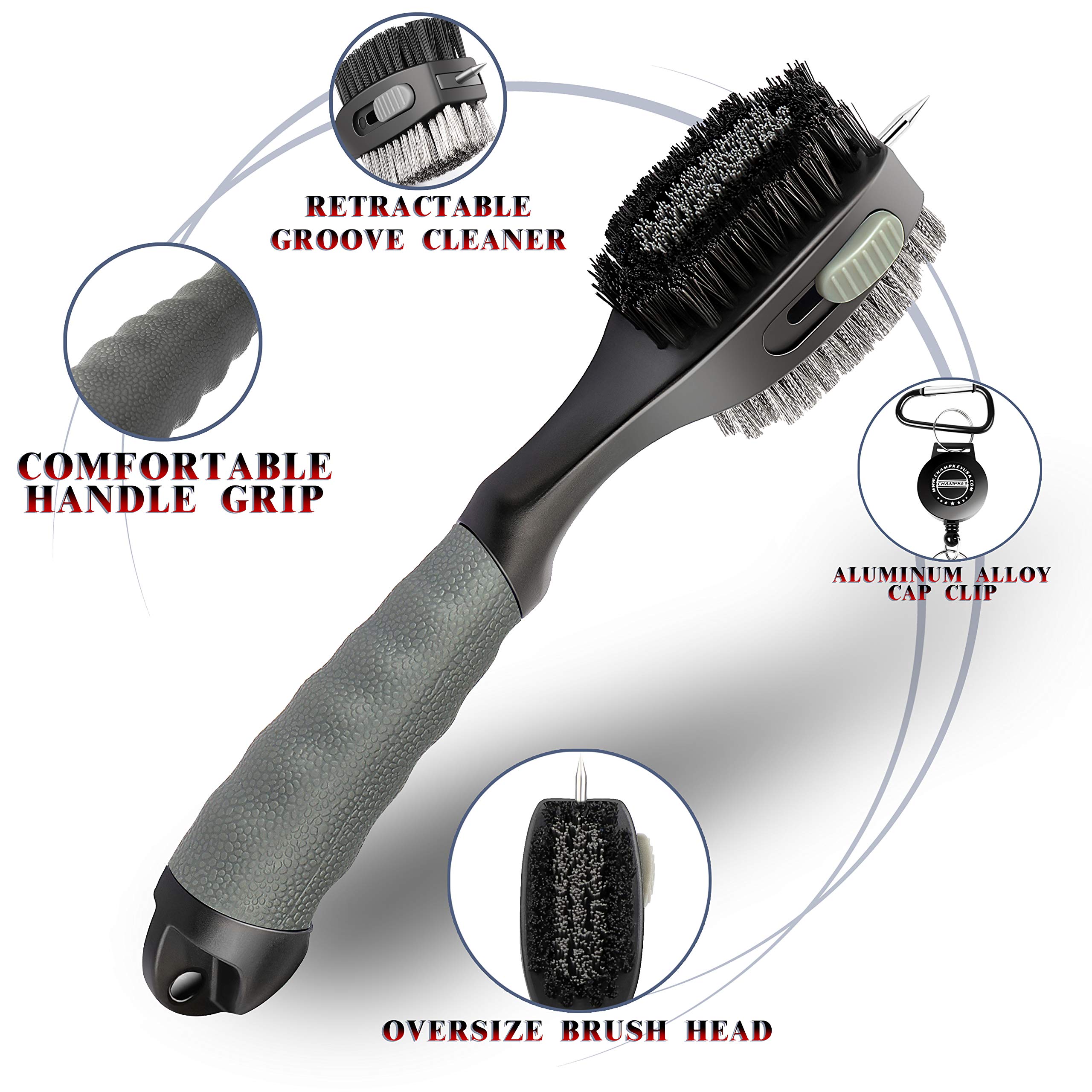 Champkey PRO Retractable Golf Club Brush - Oversized Brush Head with Soft Rubber Grip & Retractable Groove Cleaner | Golf Accessories for Club Cleaning, Golf Course Maintenance, Practice Range Equipment