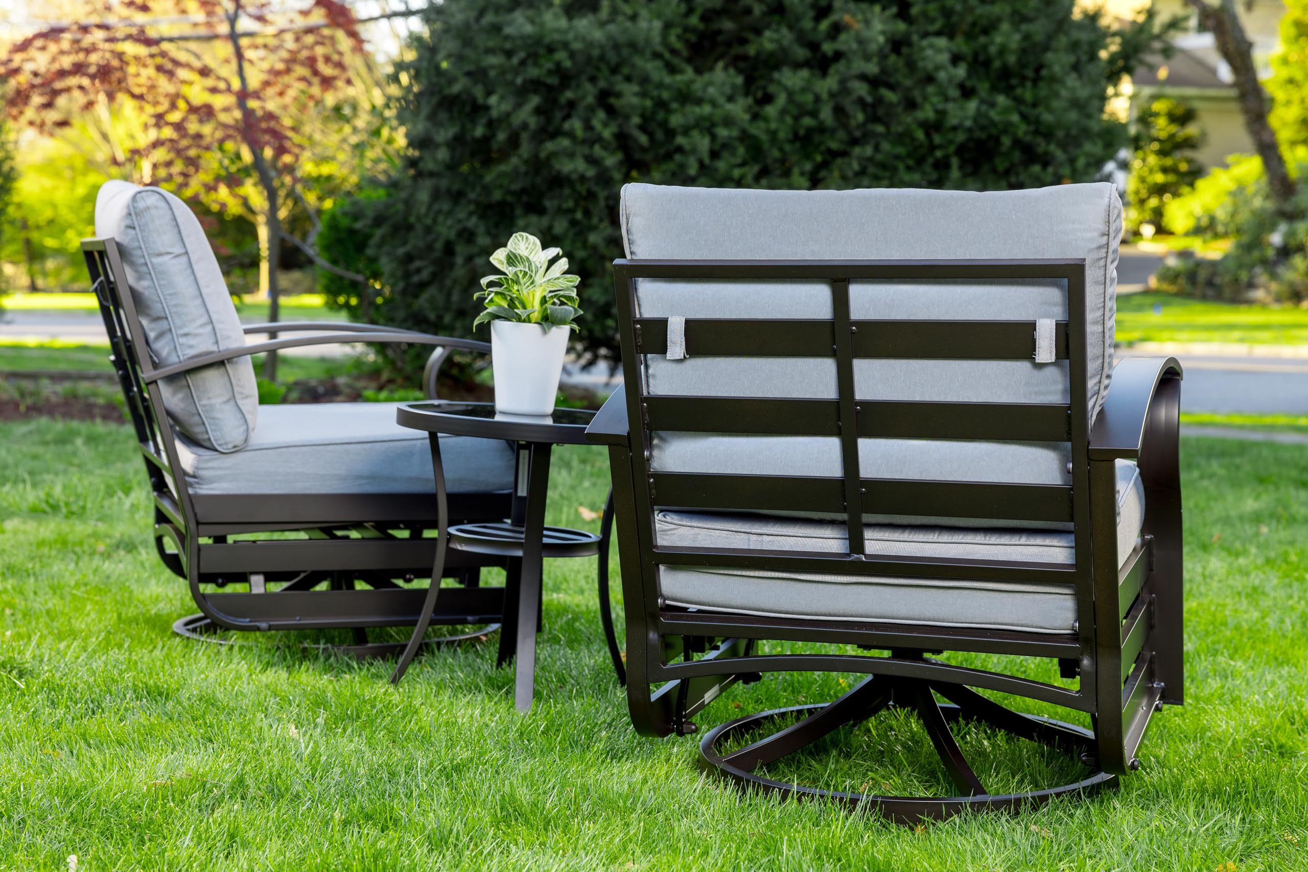 Gotland 3-Piece Outdoor Aluminum Swivel Rocking Chair Set with Coffee Table & Cushions - Patio Furniture for Porch, Garden, Deck, or Backyard Relaxation