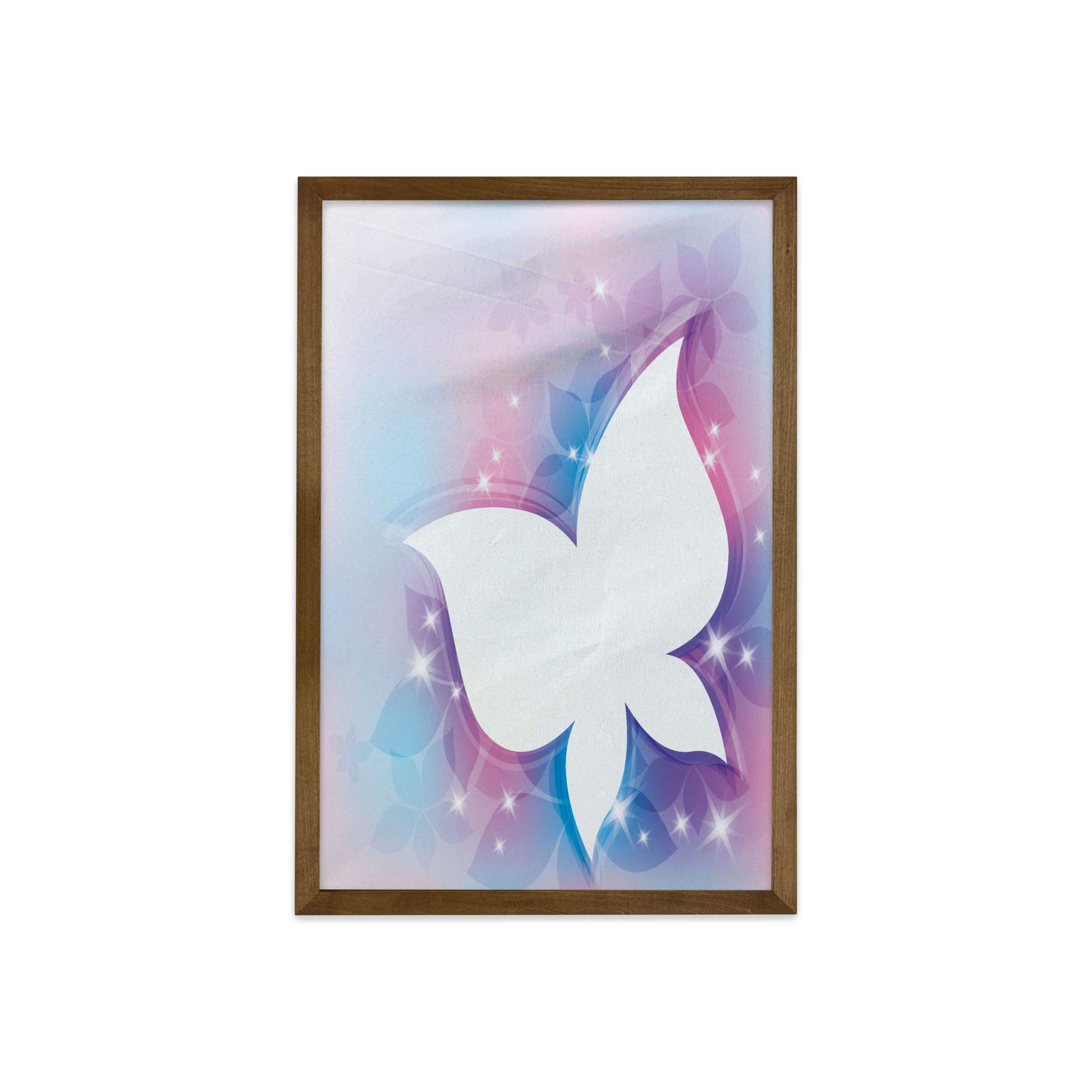 Ambesonne Framed Wall Art - Abstract Floral White Butterfly Silhouette on Spring Meadow Print, Fabric Decor with Teak Wood Frame, 23x35 Inch, White Pink Blue - Perfect for Home, Bedroom, Dorm & Office Decoration