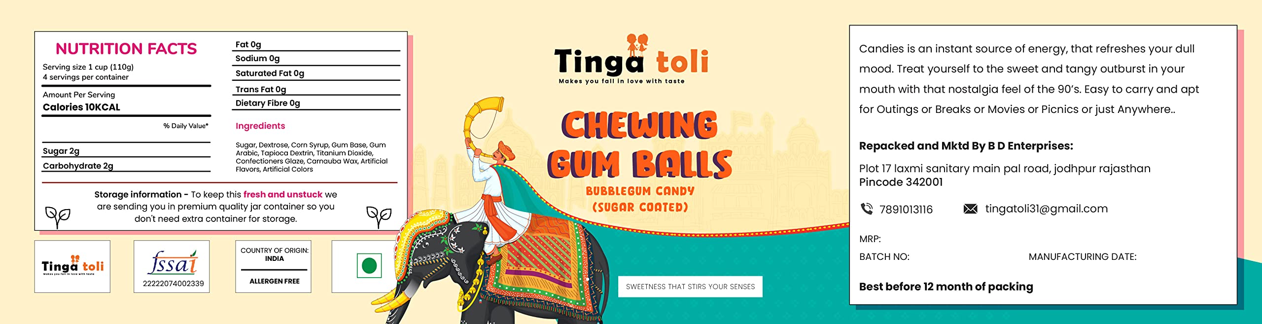 TINGA TOLI Sugar Coated Chewing Gum Balls - Assorted Bubble Gum Flavors Candy (100g Jar Pack) - Perfect for Parties, Gifts & Office Snacks