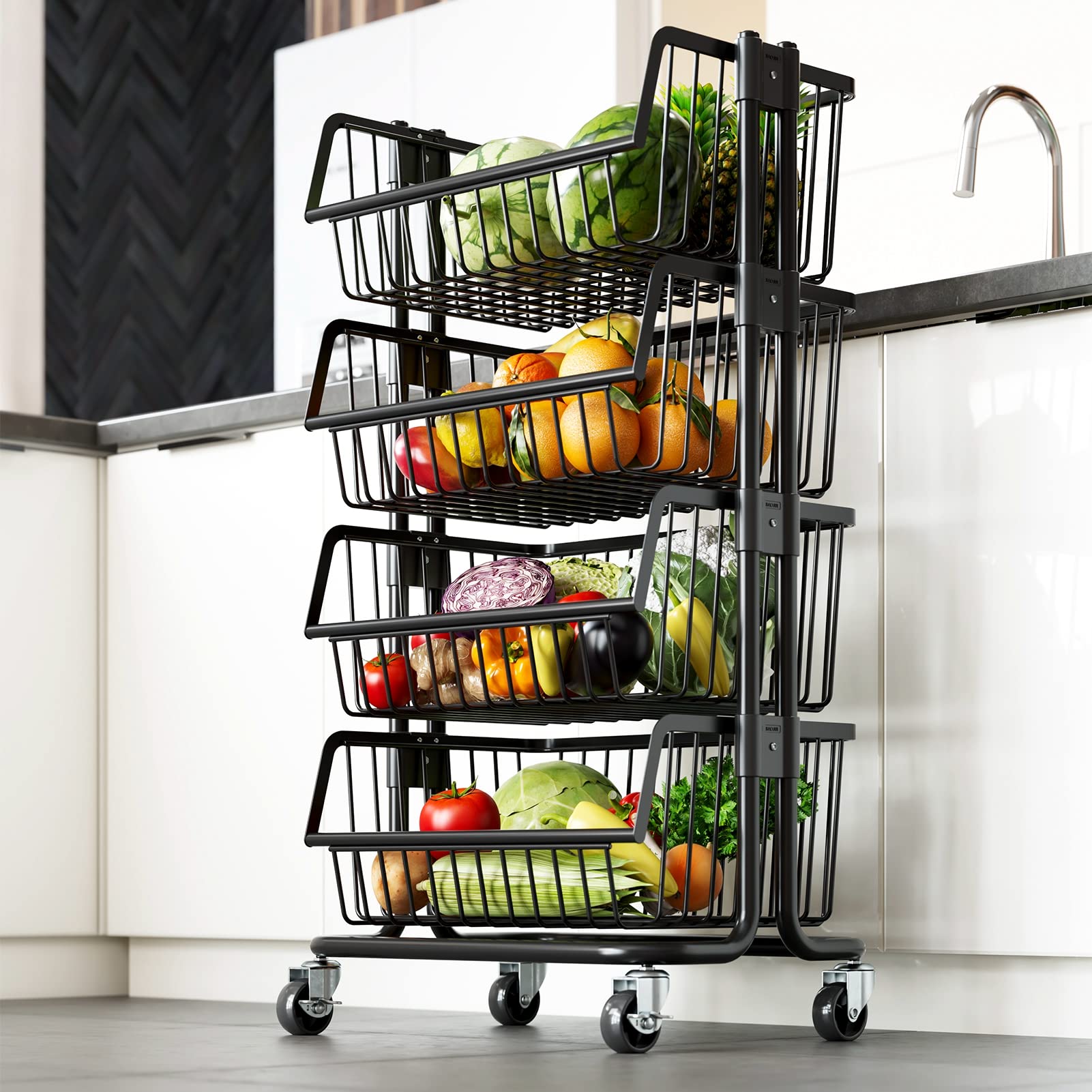 Livod 4-Tier Extra Large Rolling Fruit and Vegetable Storage Basket with Wheels - Heavy Duty Metal Wire Stand for Onions, Potatoes, Garlic - Perfect for Kitchen Pantry, Supermarket, and Farmers Market Organization