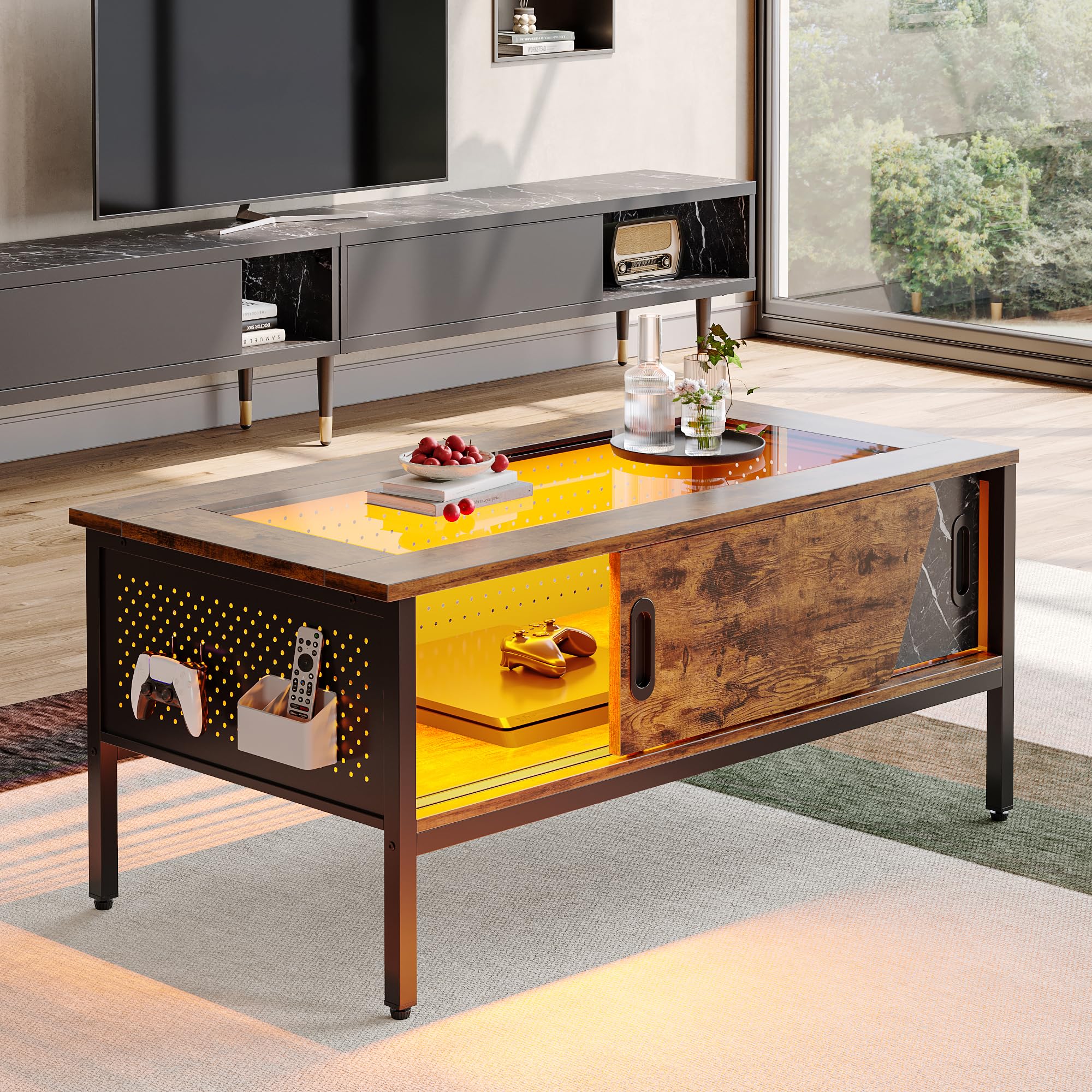 Bestier 42 Inch Rustic Brown LED Coffee Table with Storage & Sliding Glass Doors - Modern Living Room Center Table for Home Decor, Perfect for Small Spaces & Entertaining Guests