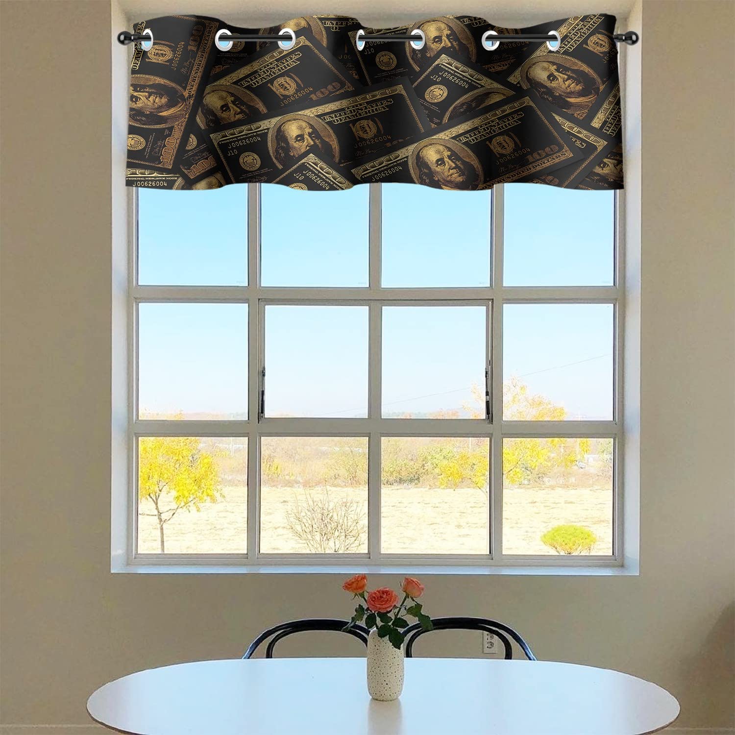 Modern Black & Gold 100 Dollar Bill Print Kitchen Curtain Valances - Room Darkening Window Treatment for Bedroom & Small Windows (16