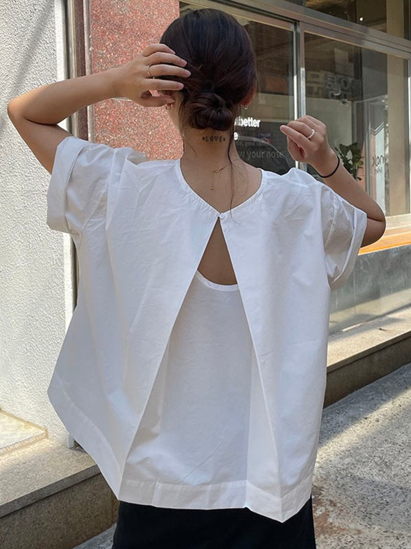 Lovevop Women's Back Hollow Round Neck Casual T-Shirt - Soft Cotton Basic Tee for Everyday Wear, Street Style & Summer Outfits