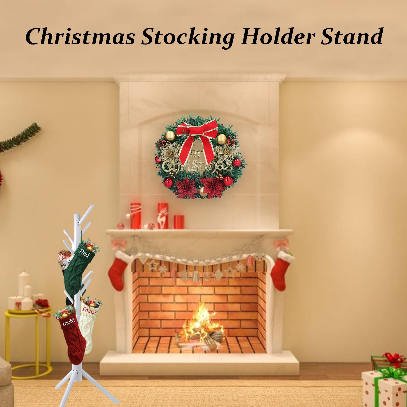 Wooden Christmas Stocking Holder Stand with 8 Hooks - White Hanging Stocking Hanger for Fireplace Mantel, Wall Decor, Holiday Home Decoration